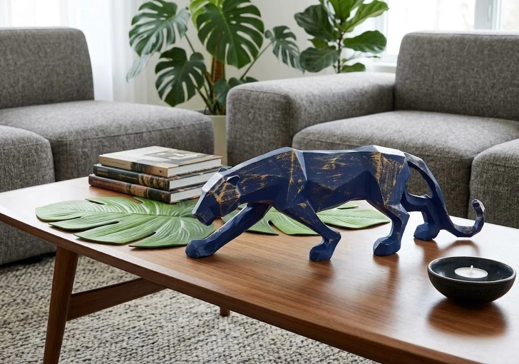 Modern Dekoratif Laciver Gold  Detaylı Leopar Kübik Biblo Heykel 