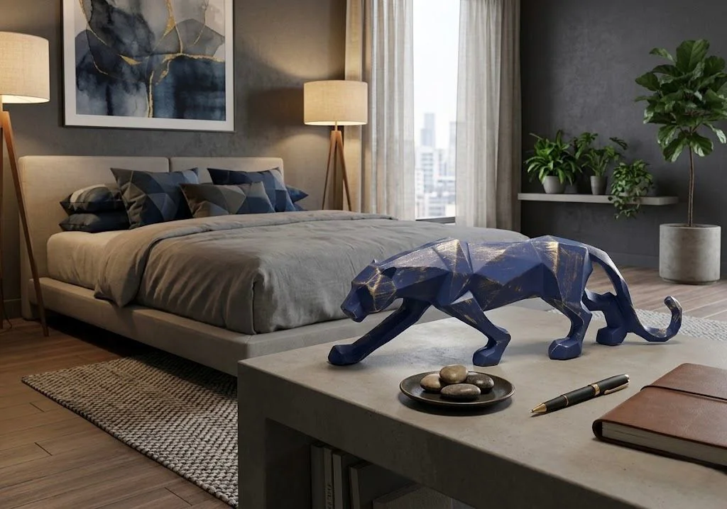 Modern Dekoratif Laciver Gold  Detaylı Leopar Kübik Biblo Heykel 