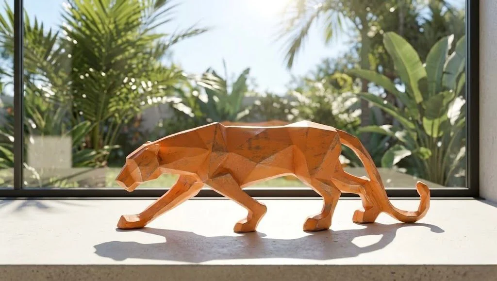 Modern Dekoratif Turuncu Gold Detaylı Leopar Kübik Biblo Heykel  