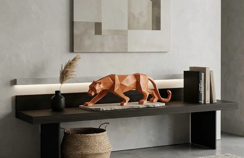 Modern Dekoratif Turuncu Gold Detaylı Leopar Kübik Biblo Heykel  