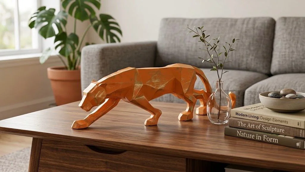 Modern Dekoratif Turuncu Gold Detaylı Leopar Kübik Biblo Heykel  