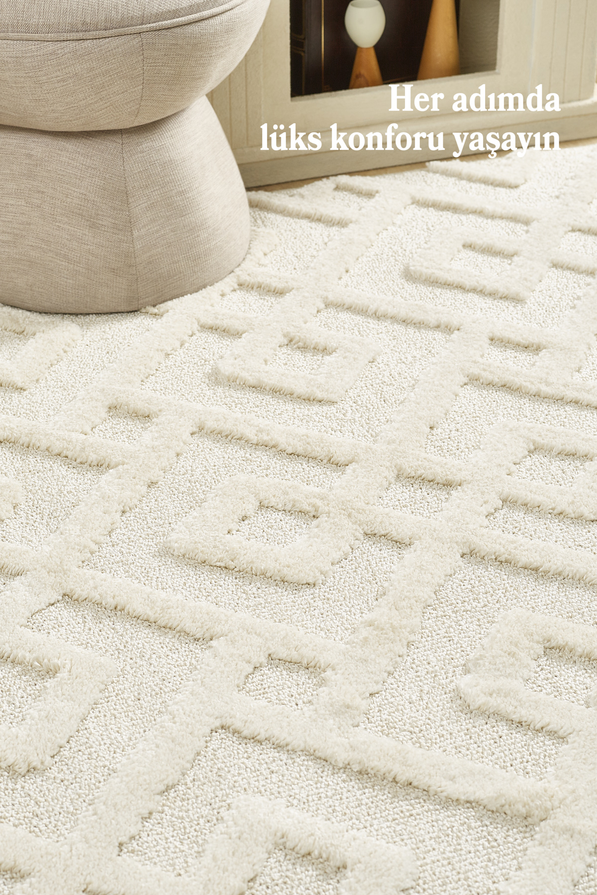 Anaska Home Modern Desenli Halı Krem Halı Jüt Tabanlı Salon Oturma Odası Halı