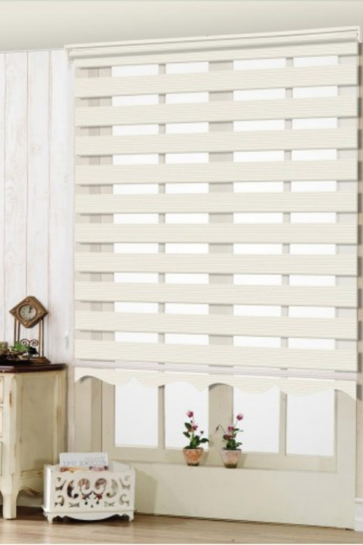 Modern Geniş Pliseli Krem Zebra Stor Perde , Alüminyum Kasalı Yük