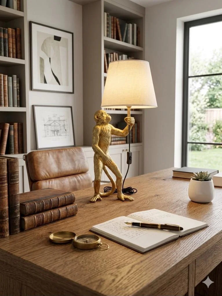 Modern Gold Büst Abajur Maymun Heykel  – Beyaz Şapka Dekoratif Ma