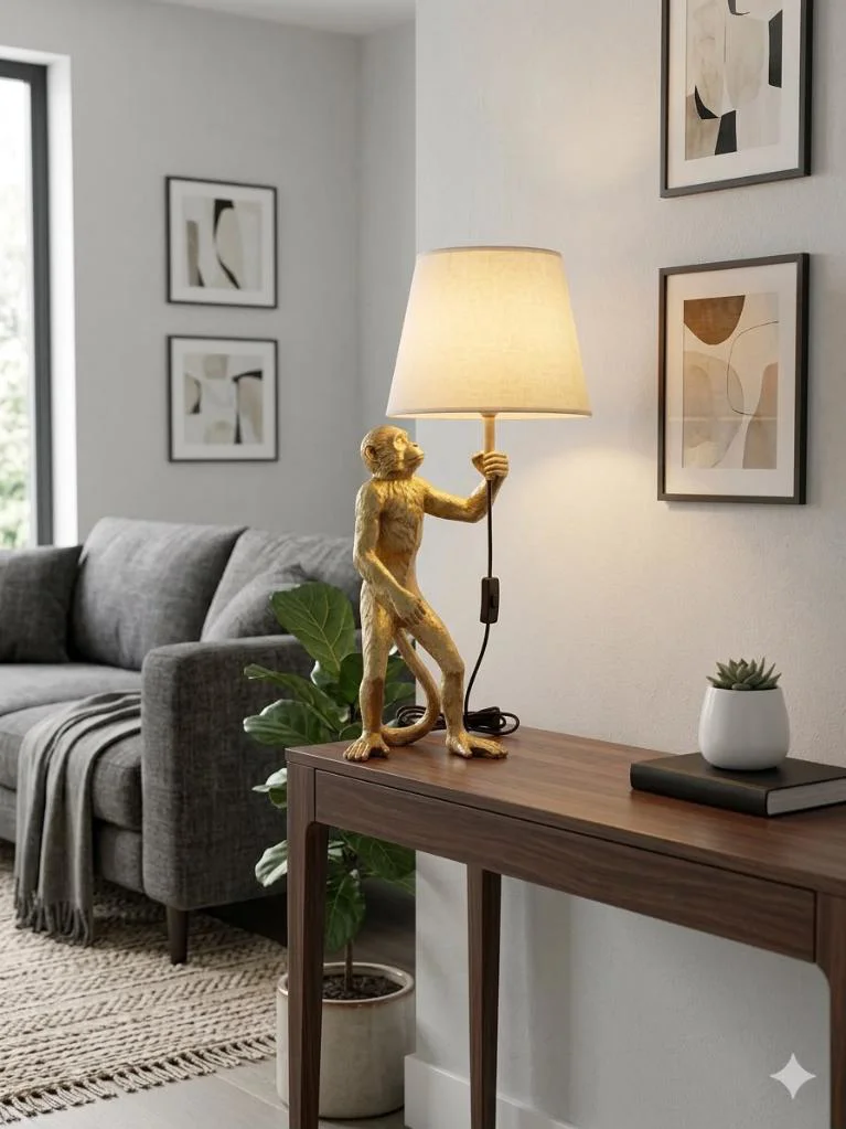 Modern Gold Büst Abajur Maymun Heykel  – Beyaz Şapka Dekoratif Ma