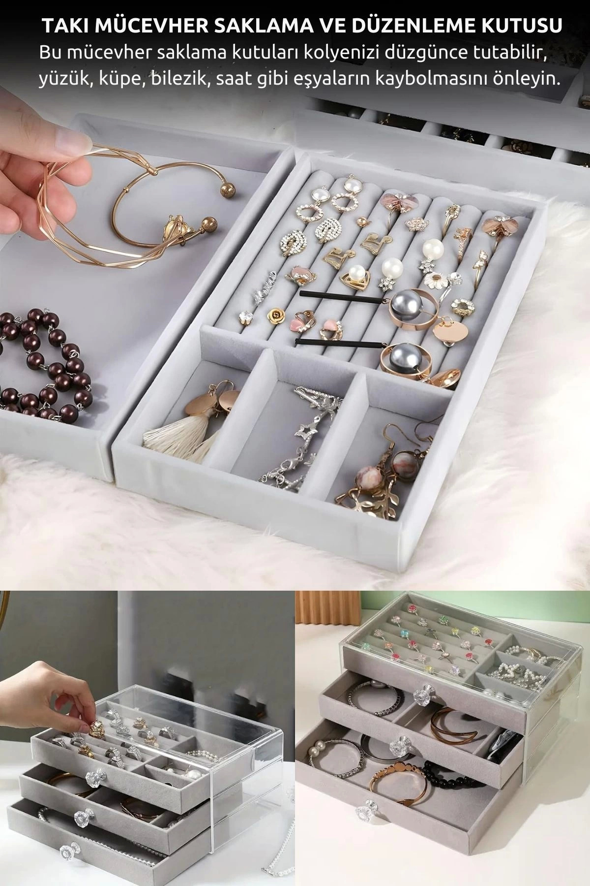 Rby Modern Gri 3 Çekmeceli Taki Bijuteri Mücevher Kutusu Organizer Dü