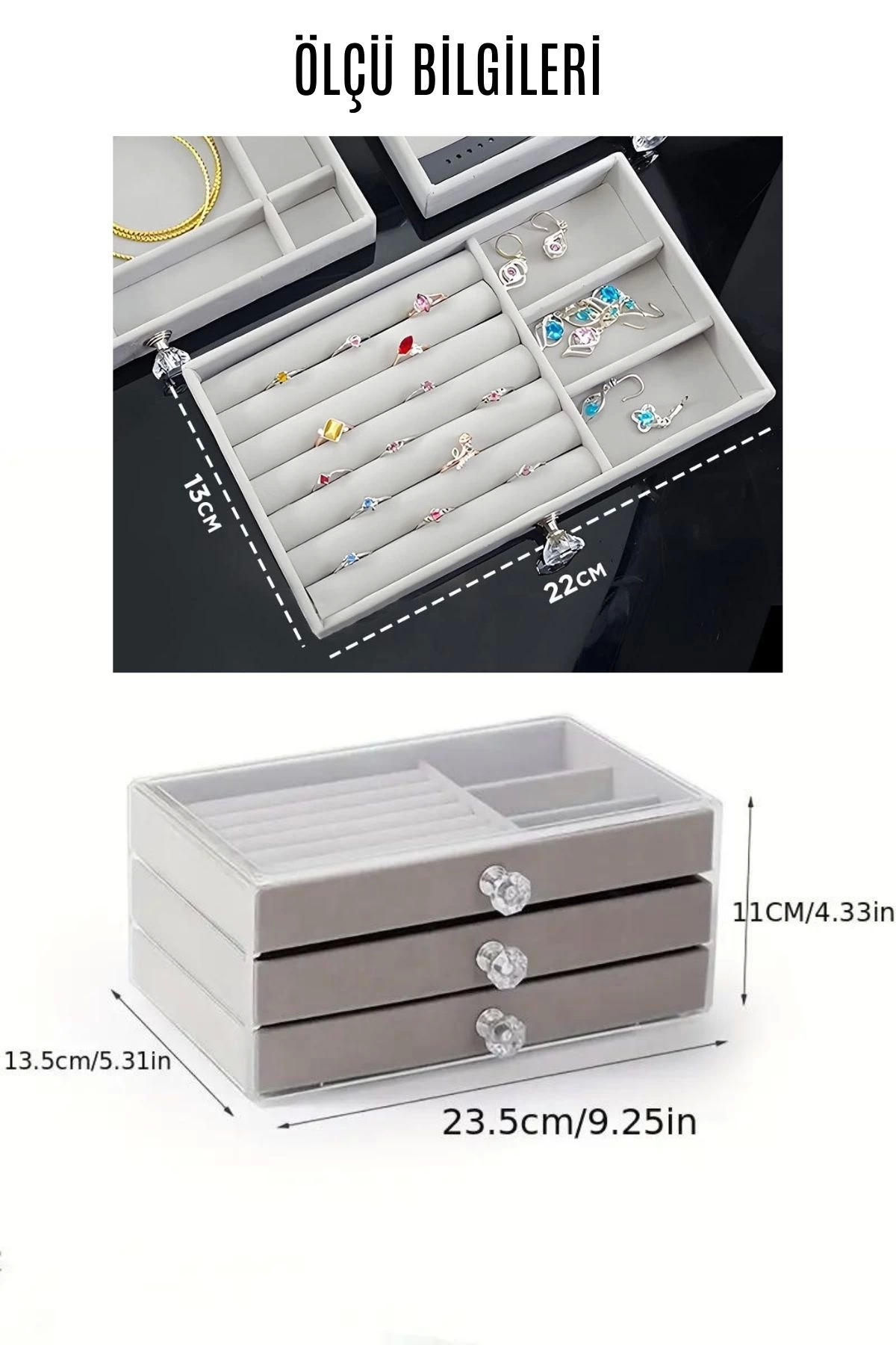 Rby Modern Gri 3 Çekmeceli Taki Bijuteri Mücevher Kutusu Organizer Dü