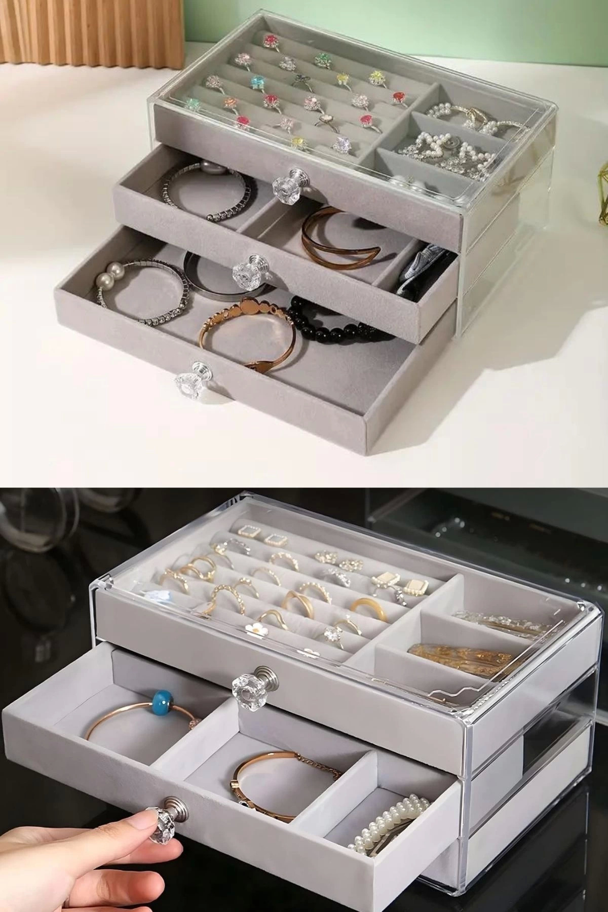 Rby Modern Gri 3 Çekmeceli Taki Bijuteri Mücevher Kutusu Organizer Dü