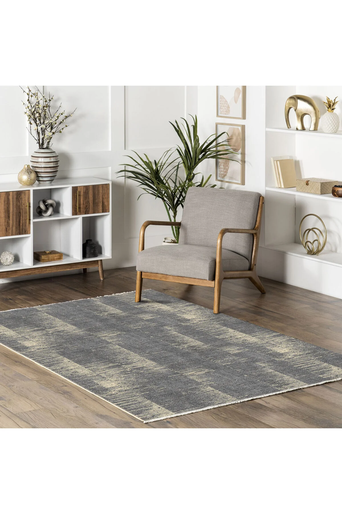 Modern Gri Şönil Halı Kilim Yolluk Kaymaz Yıkanabilir Saçaklı Yat
