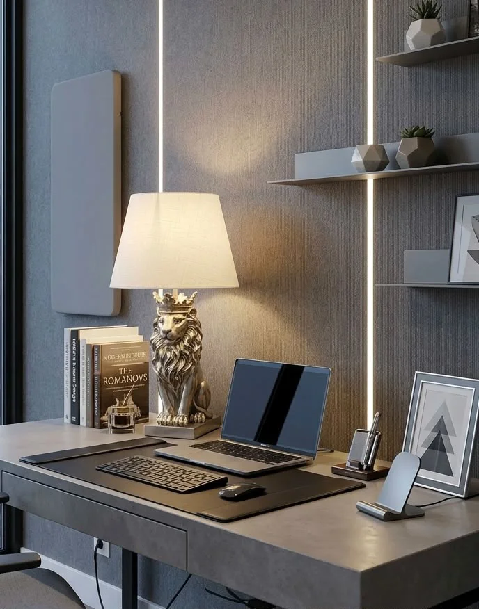 Modern Gümüş Aslan Kral Detaylı Büst Abajur  Heykel  – Beyaz Şapk