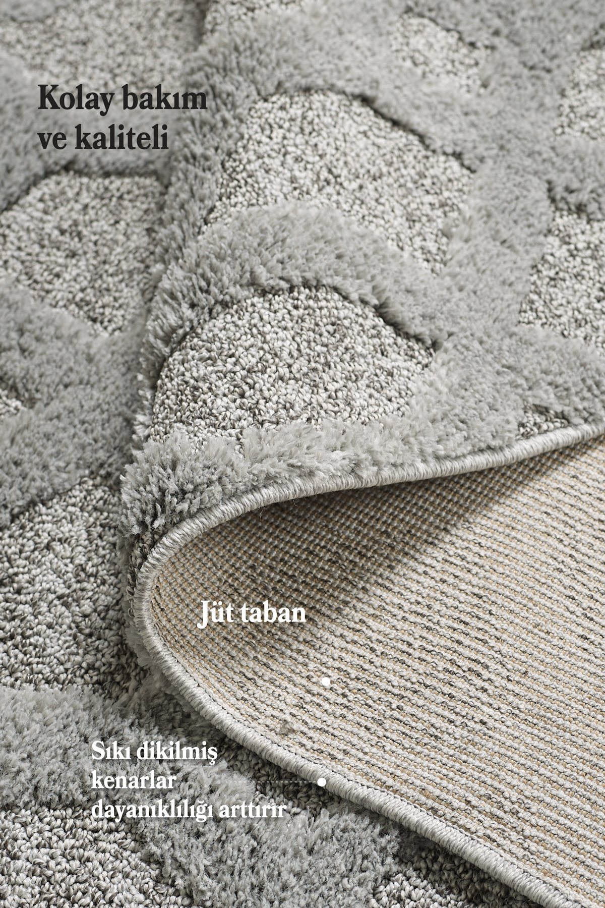 Anaska Home Modern Halı Gri Halı Jüt Tabanlı İskandinav Salon Oturma Odası Ha