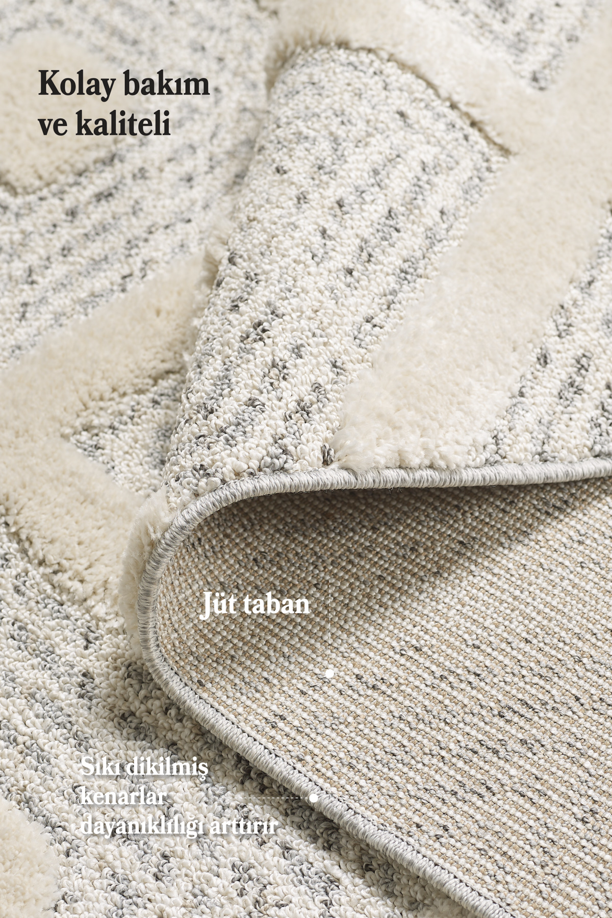 Anaska Home Modern İskandinav Gri Halı Jüt Tabanlı Salon Oturma Odası Halısı 