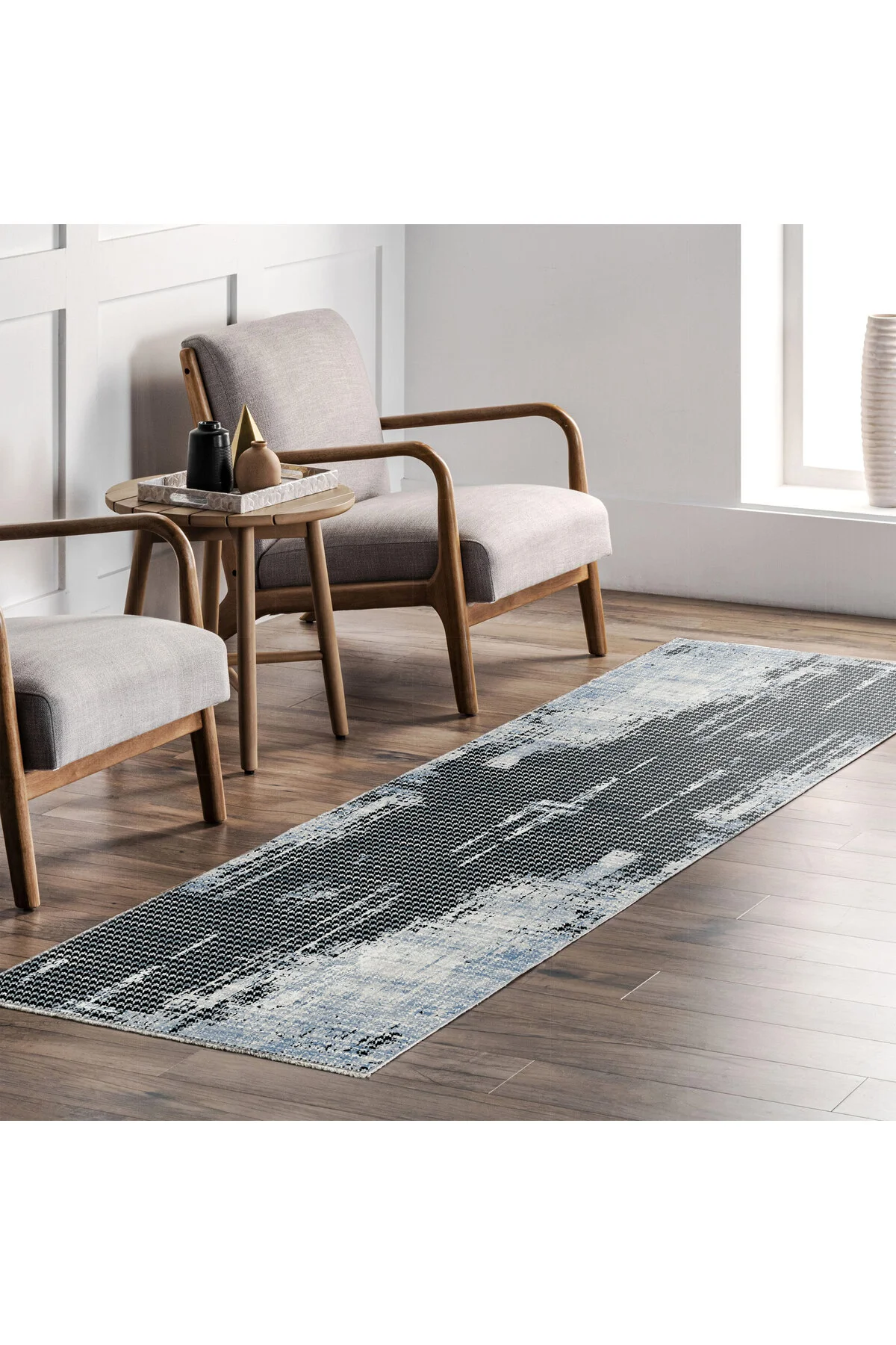 Modern Kazayağı Desenli Şönil Halı Kilim Yolluk Siyah Gri Mavi Ka