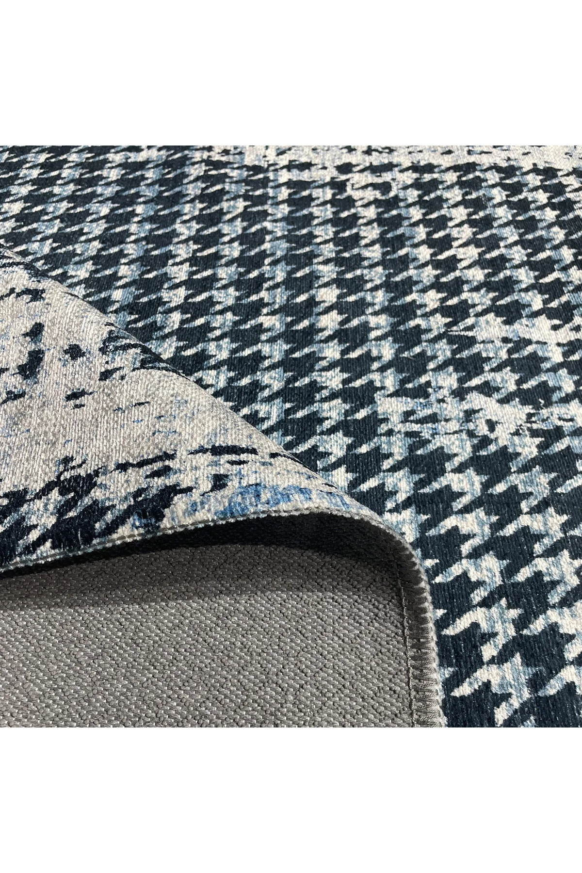 Modern Kazayağı Desenli Şönil Halı Kilim Yolluk Siyah Gri Mavi Ka