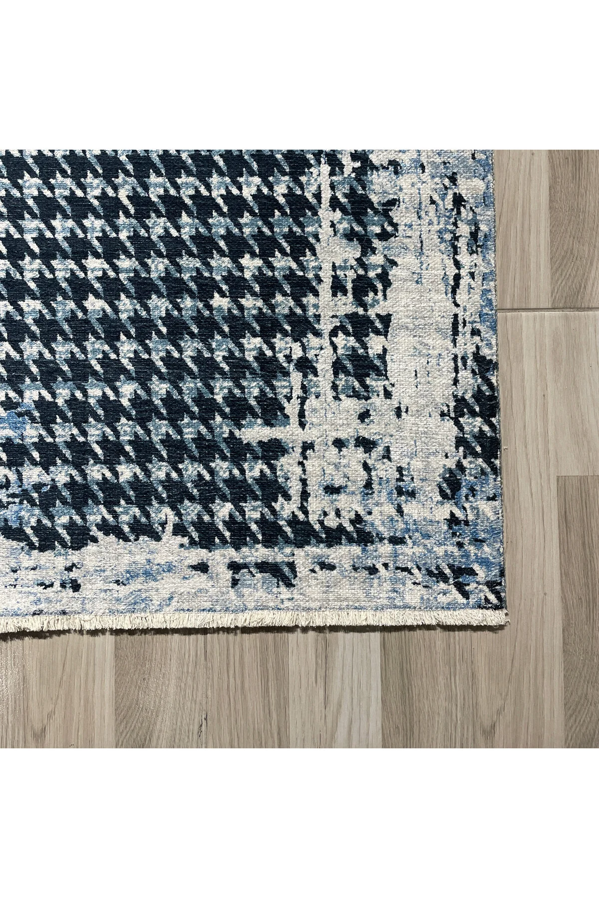 Modern Kazayağı Desenli Şönil Halı Kilim Yolluk Siyah Gri Mavi Ka