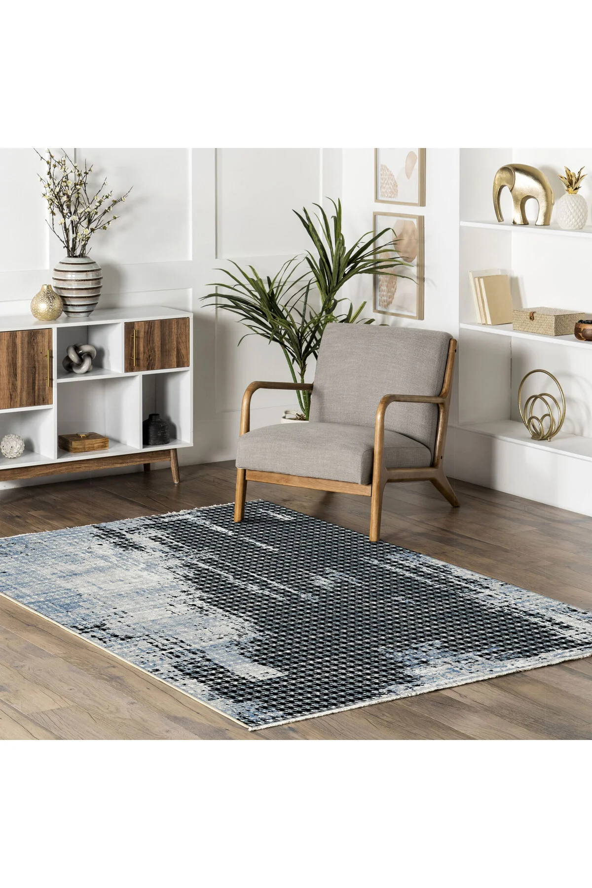 Modern Kazayağı Desenli Şönil Halı Kilim Yolluk Siyah Gri Mavi Ka