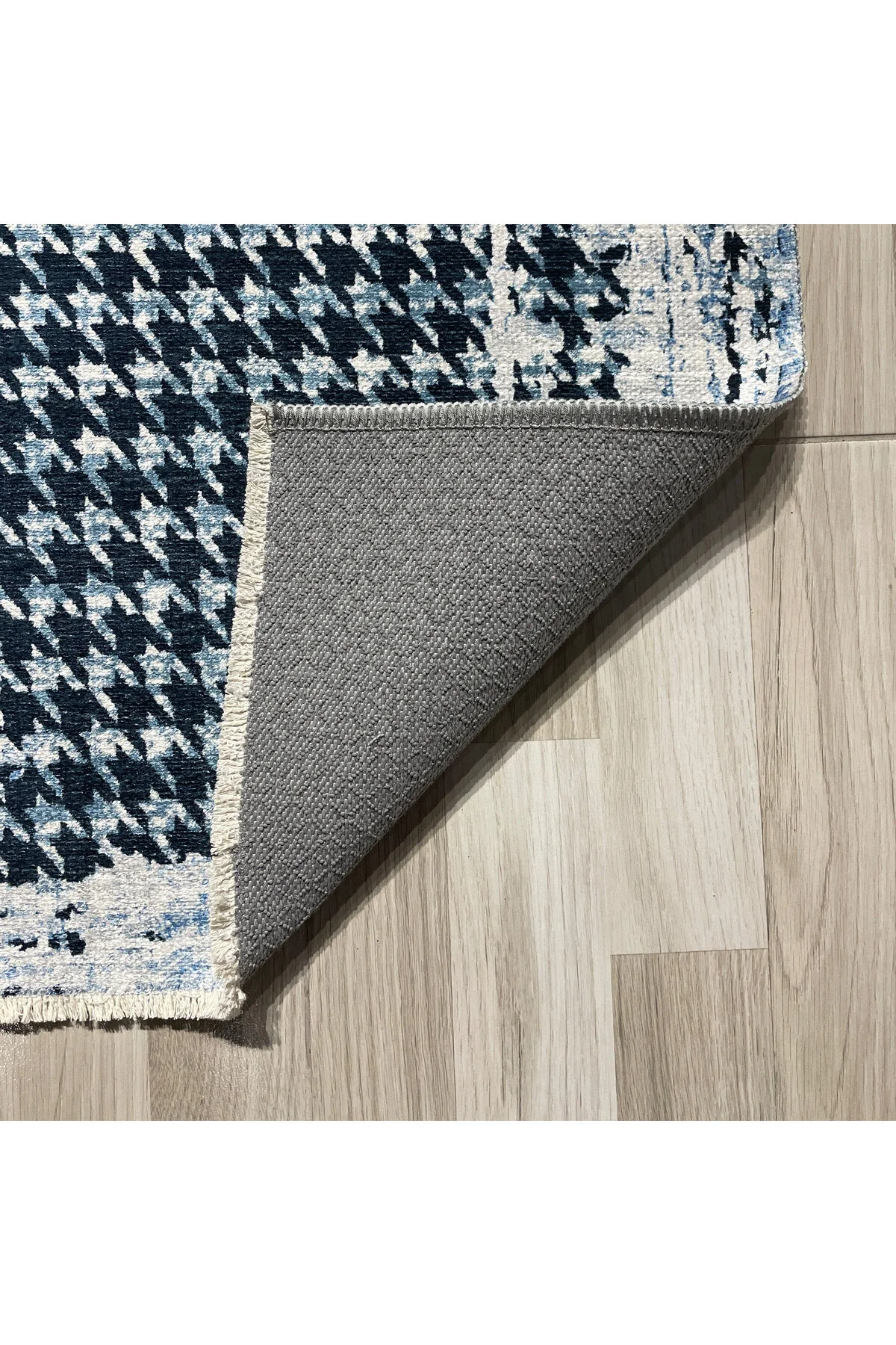 Modern Kazayağı Desenli Şönil Halı Kilim Yolluk Siyah Gri Mavi Ka