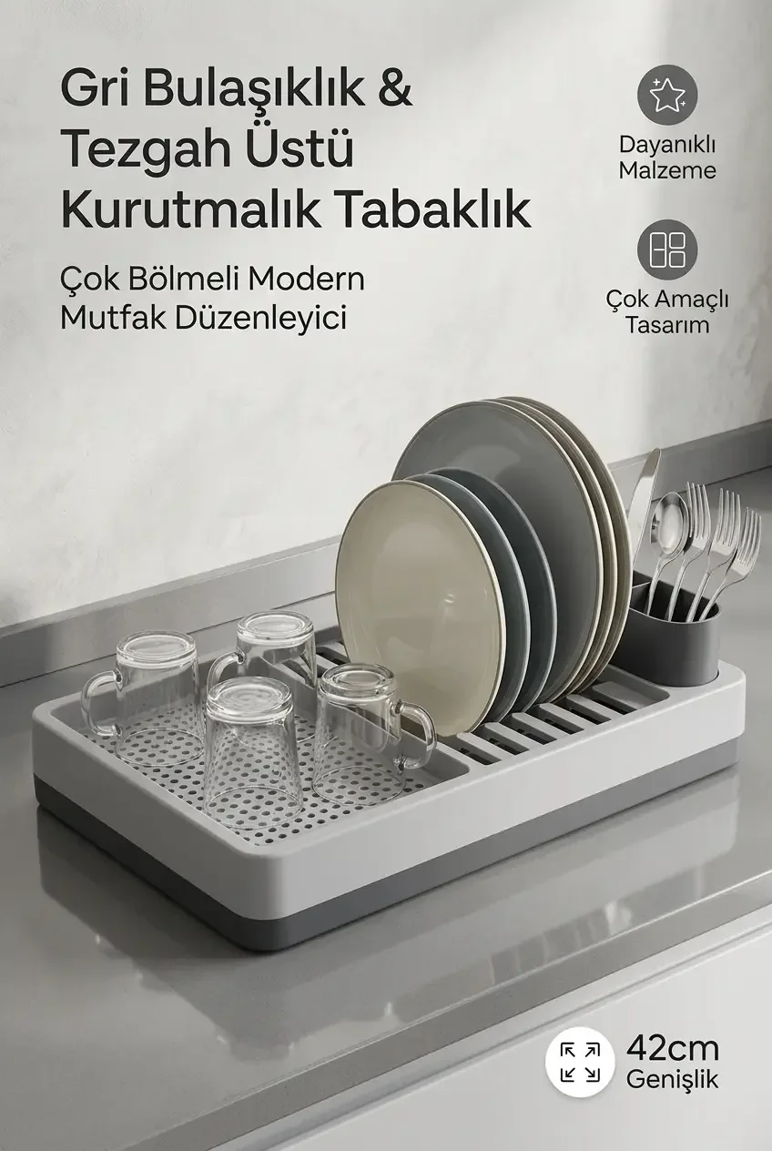 Modern Kurutmalık Tabaklık Gri Tezgah Üstü Bulaşıklık Bardaklık Standı Mutfak