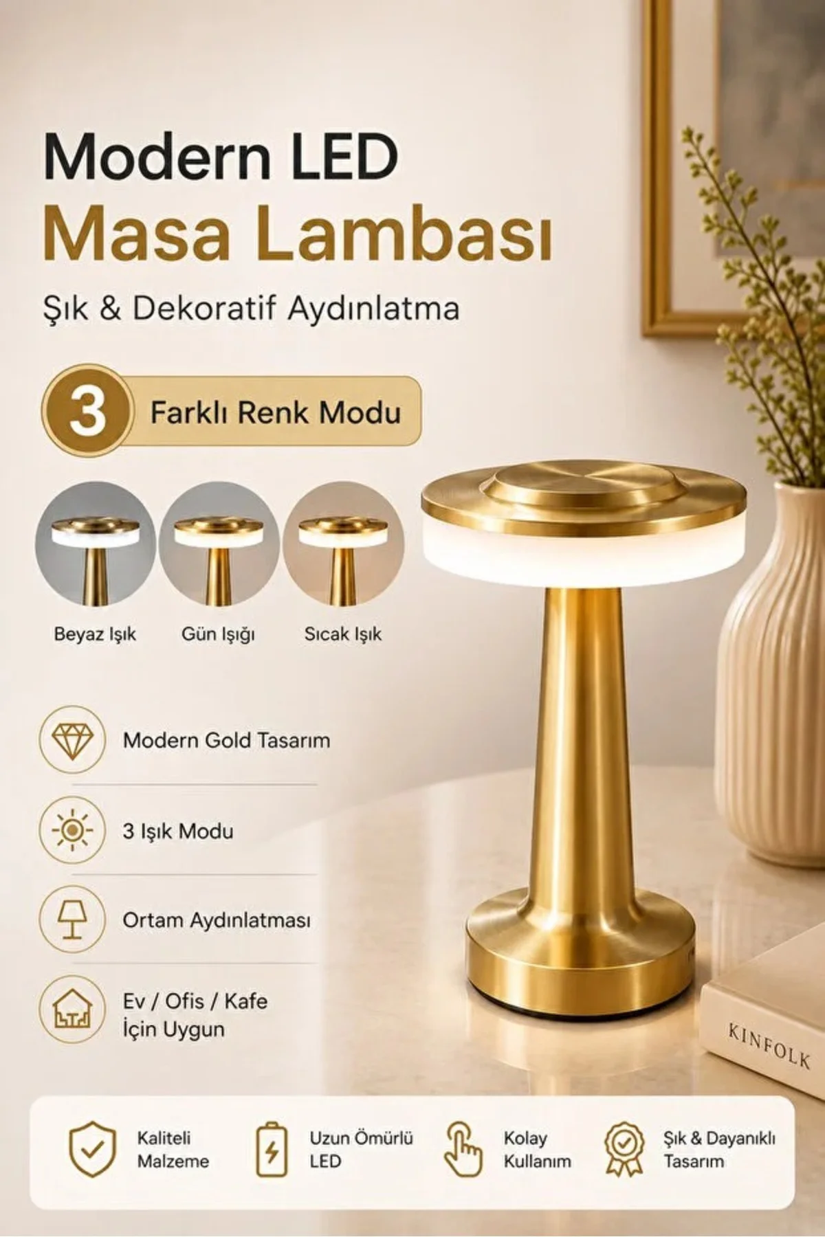 Modern Led Şarjlı Dokunmatik Masa Lambası Metal 3 Farklı Renk Işık Parlaklık Ayarlı Gece Masa Üstü Lamba Gold