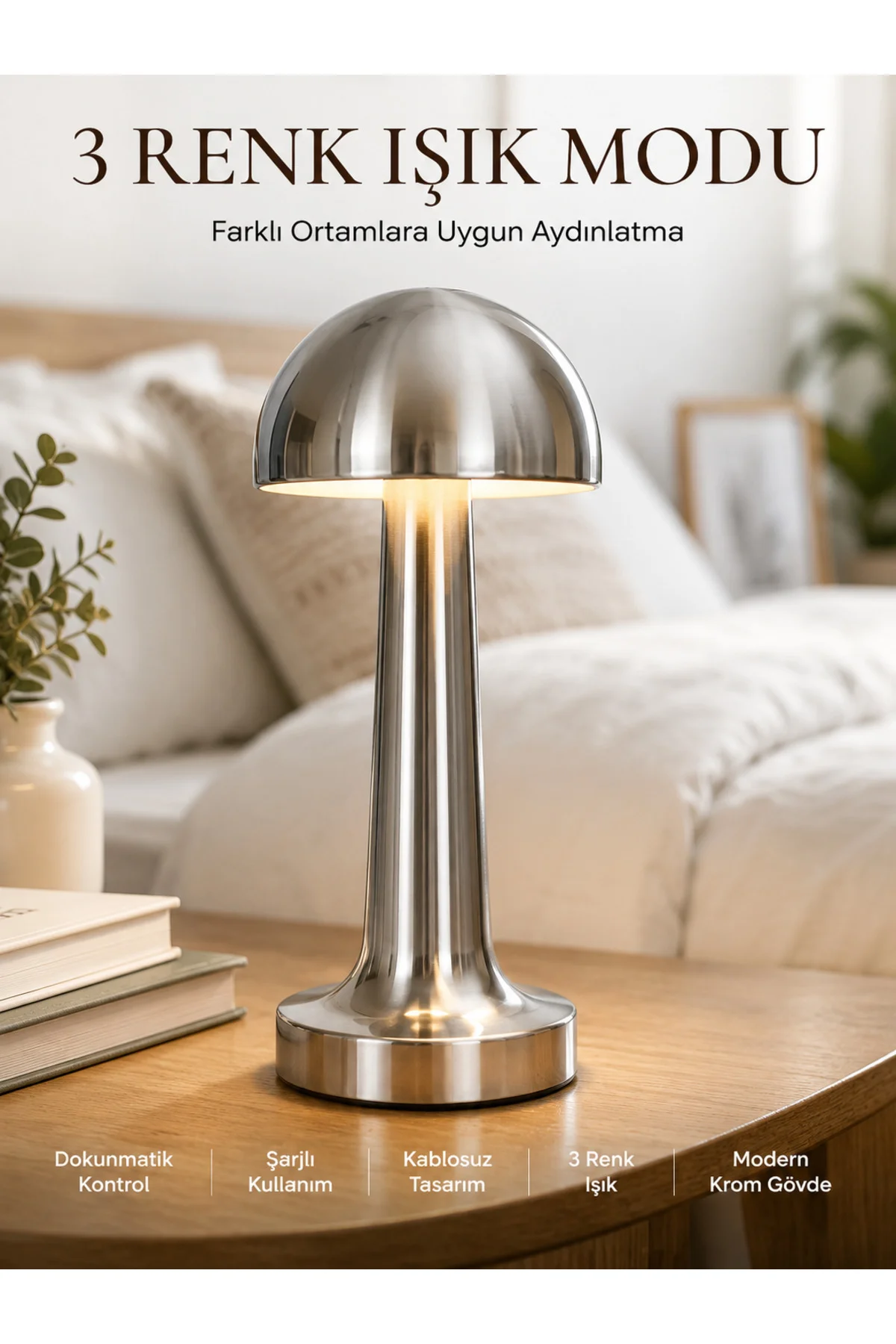 Modern Mantar Masa Lambası Dokunmatik 3 Işık Modlu Şarjlı Kablosuz LED Yeni Nesil Modern Mantar Masa Lambası Dokunmatik 3 Işık Modlu Şarjlı Kablosuz LED Yeni Nesil