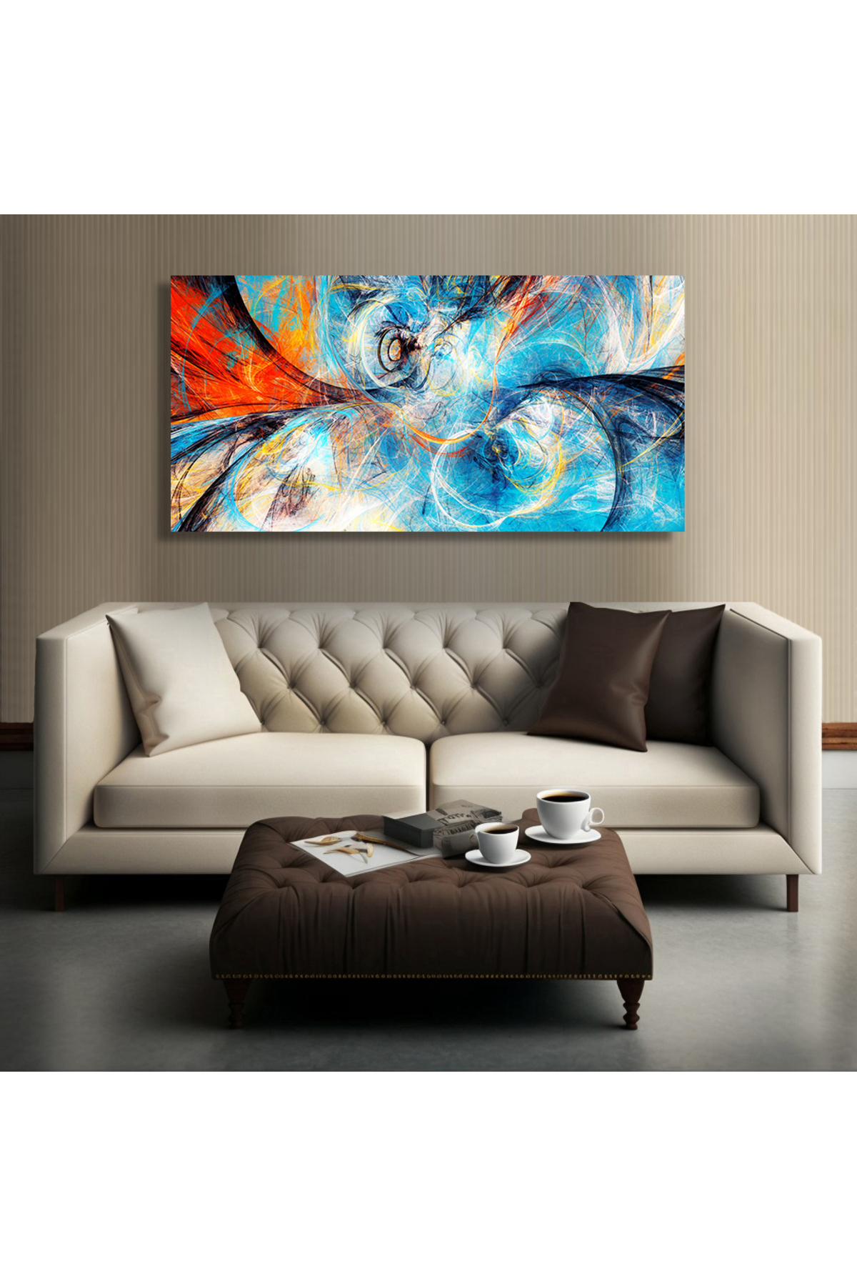 Korkmazkanvas Modern Mavi Turuncu Boya. Yaratıcı Grafik Tasarım İçin Fraktal Sa