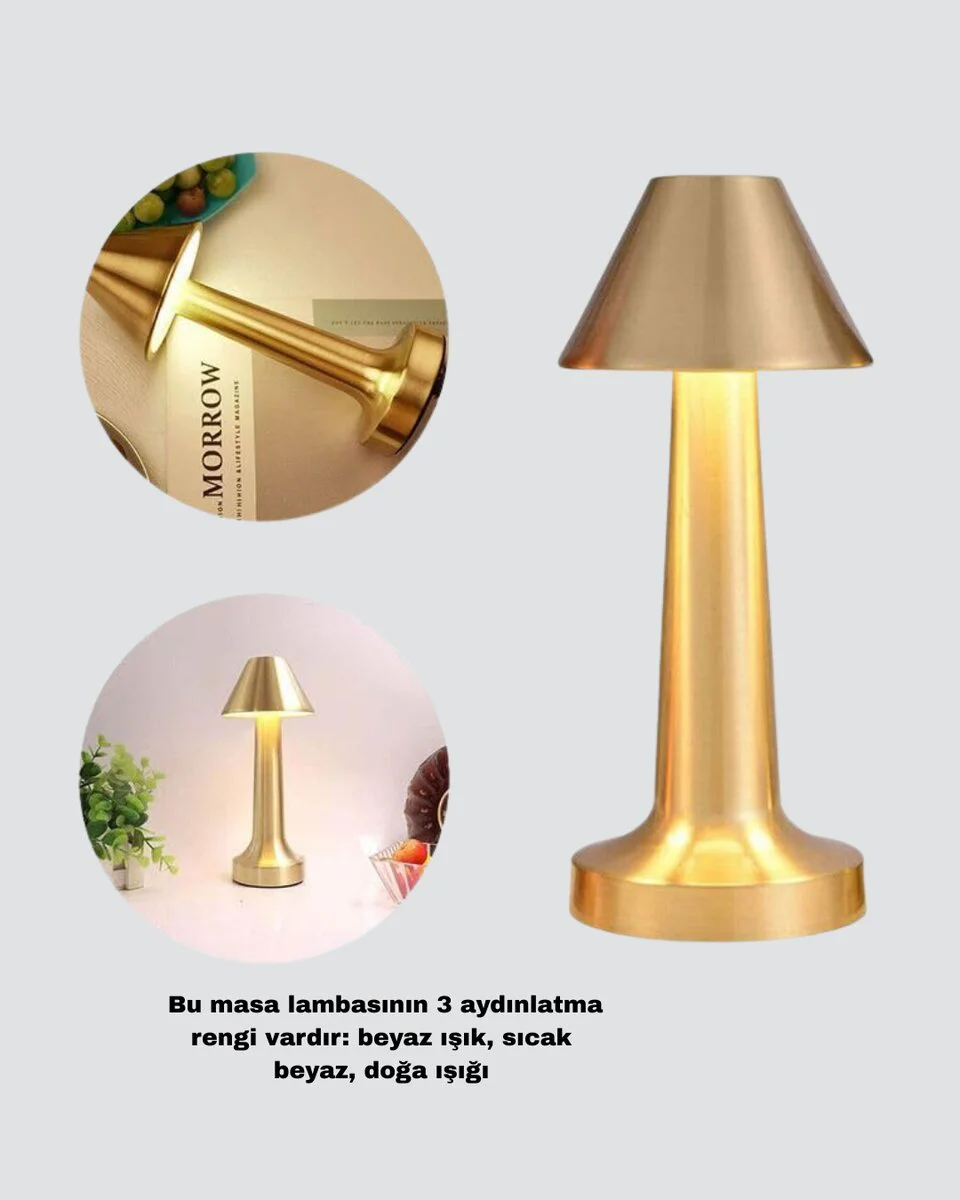 Modern Metal Masa Lambası 3 Renkli Işık Modu, Şarjlı LED ve Kademesiz Parlaklık