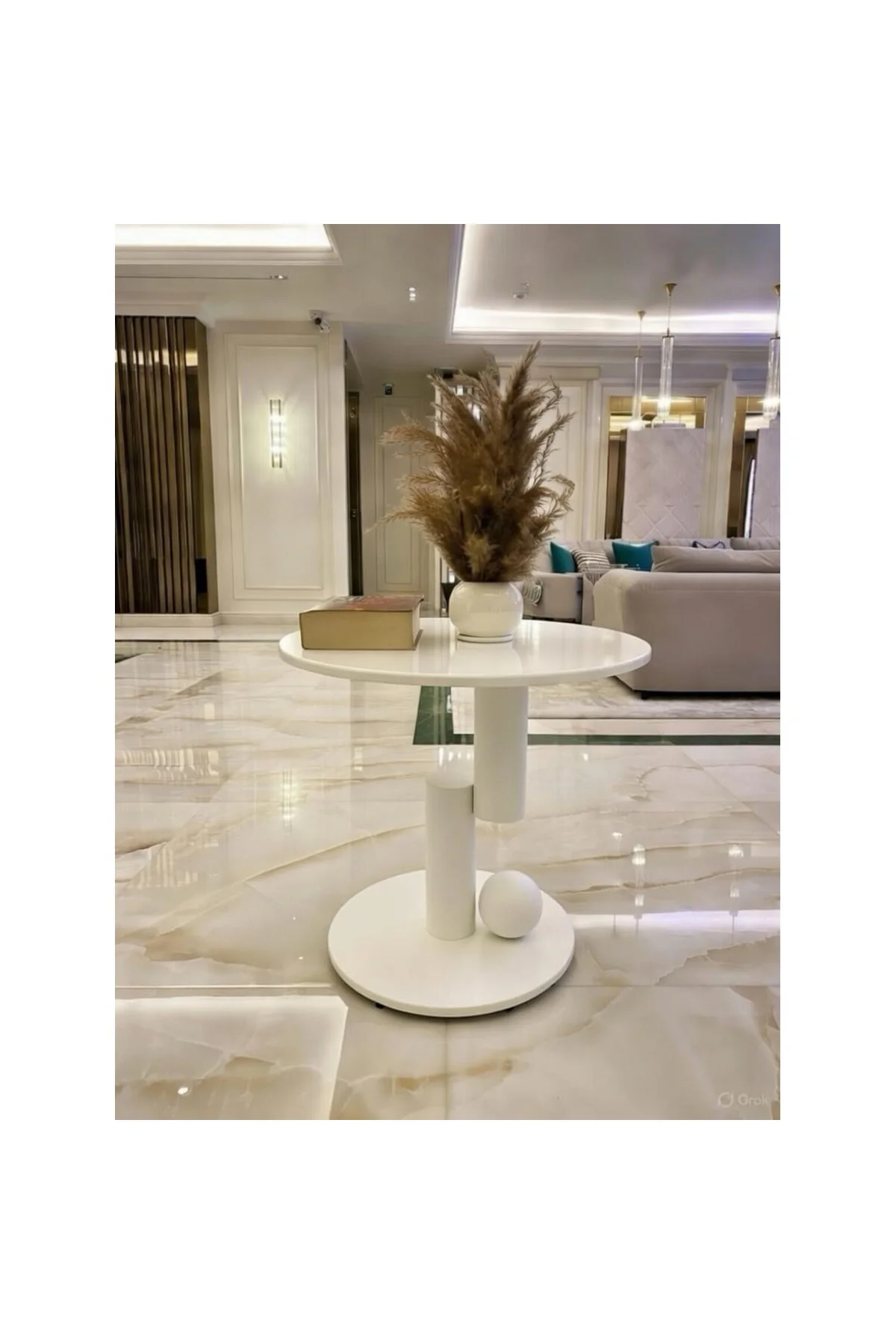 Modern Minimalist Yan Sehpa, Beyaz Lake MDF Yüzey, Silindirik Met