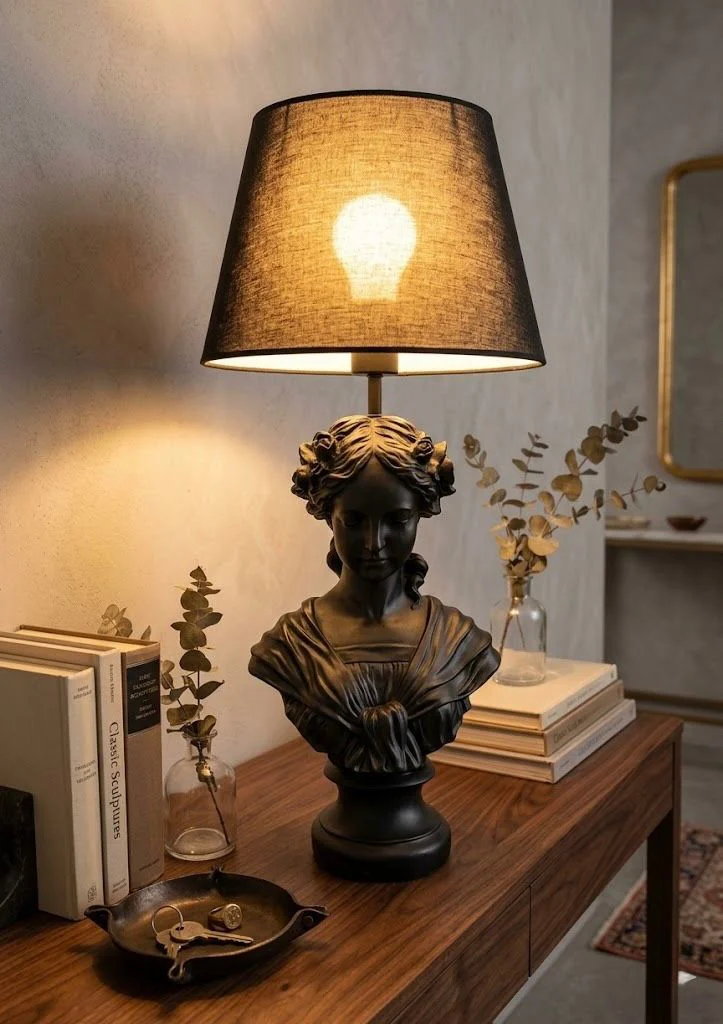 Modern Ophelia Siyah Büst Abajur  Heykel  – Beyaz Şapka Dekoratif