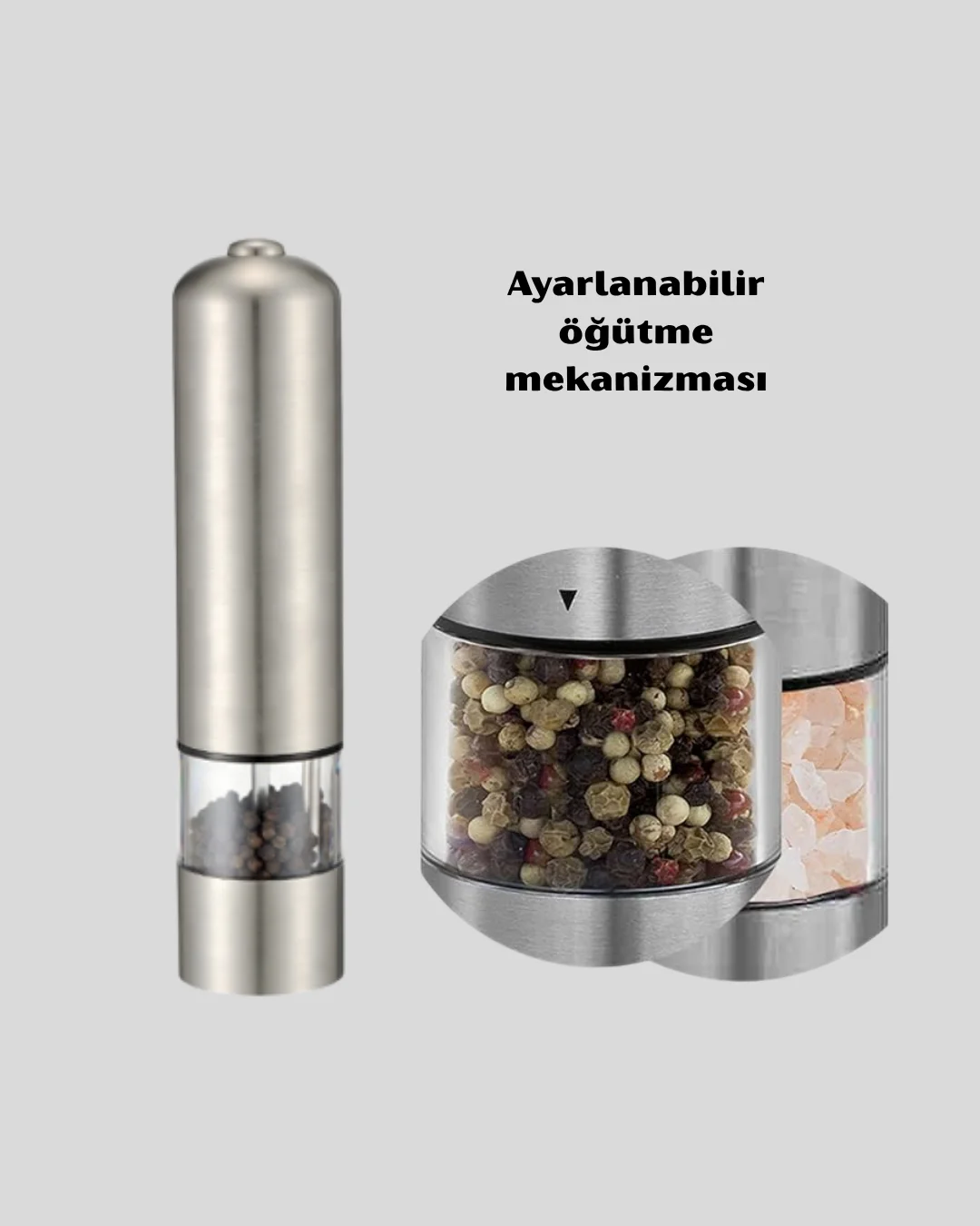 Modern Otomatik Baharat Öğütücü Seti – Pilli, Paslanmaz Çelik, LED Aydınlatmalı Fiyatı, Yorumları ve Özellikleri
