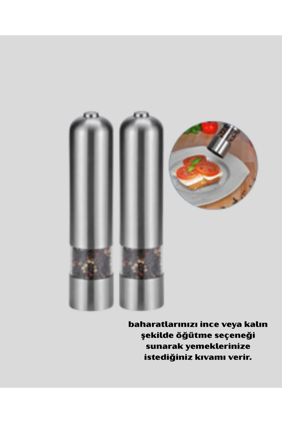 Modern Otomatik Baharat Öğütücü Seti – Pilli Paslanmaz Çelik LED 