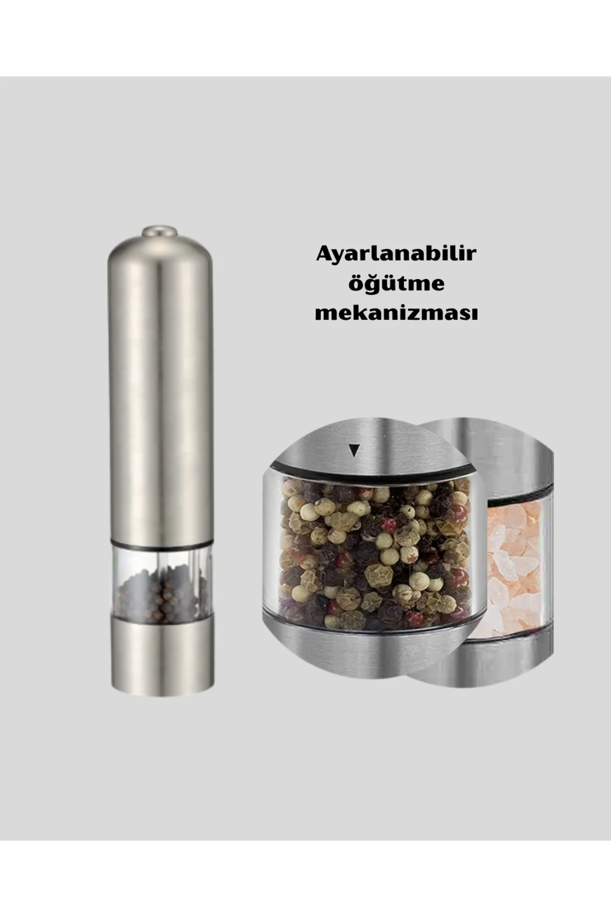 Modern Otomatik Baharat Öğütücü Seti – Pilli Paslanmaz Çelik LED 