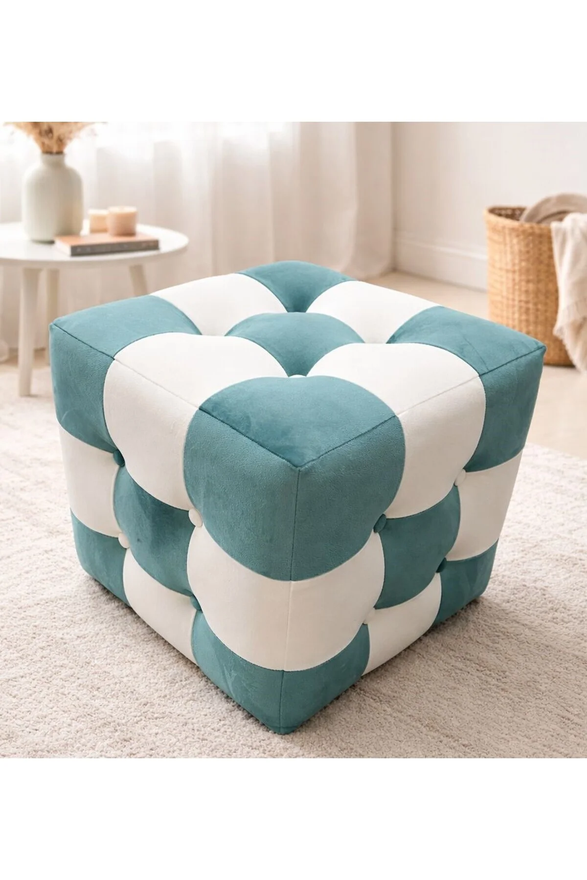 Modern Patchwork Renkli Puf - Dekoratif Oturma Taburesi El Yapımı Şık Tasarım