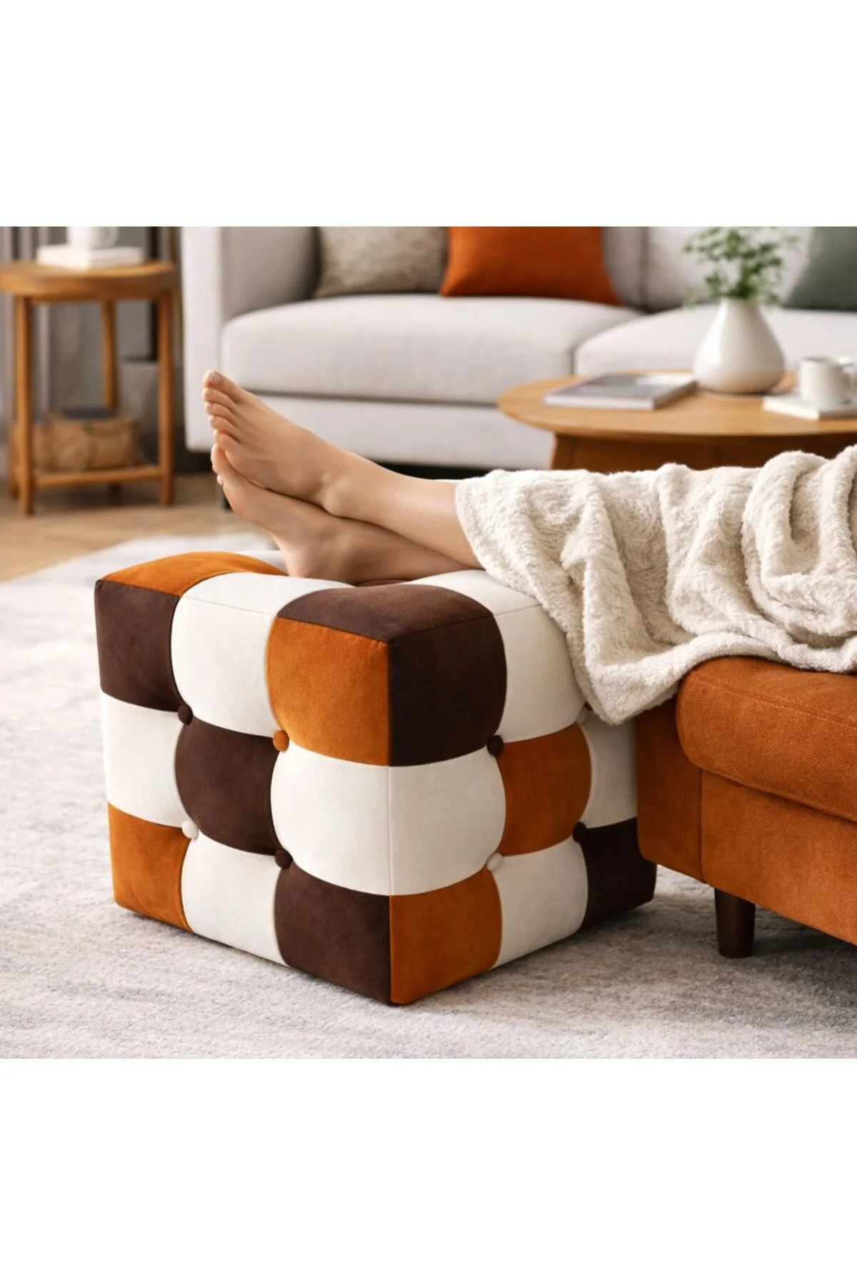 Modern Patchwork Renkli Puf - Dekoratif Oturma Taburesi El Yapımı Şık Tasarım
