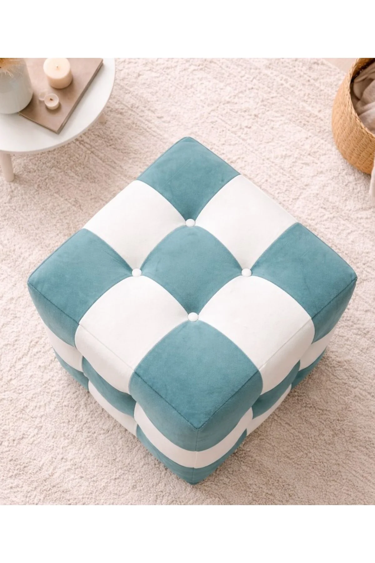 Modern Patchwork Renkli Puf - Dekoratif Oturma Taburesi El Yapımı Şık Tasarım