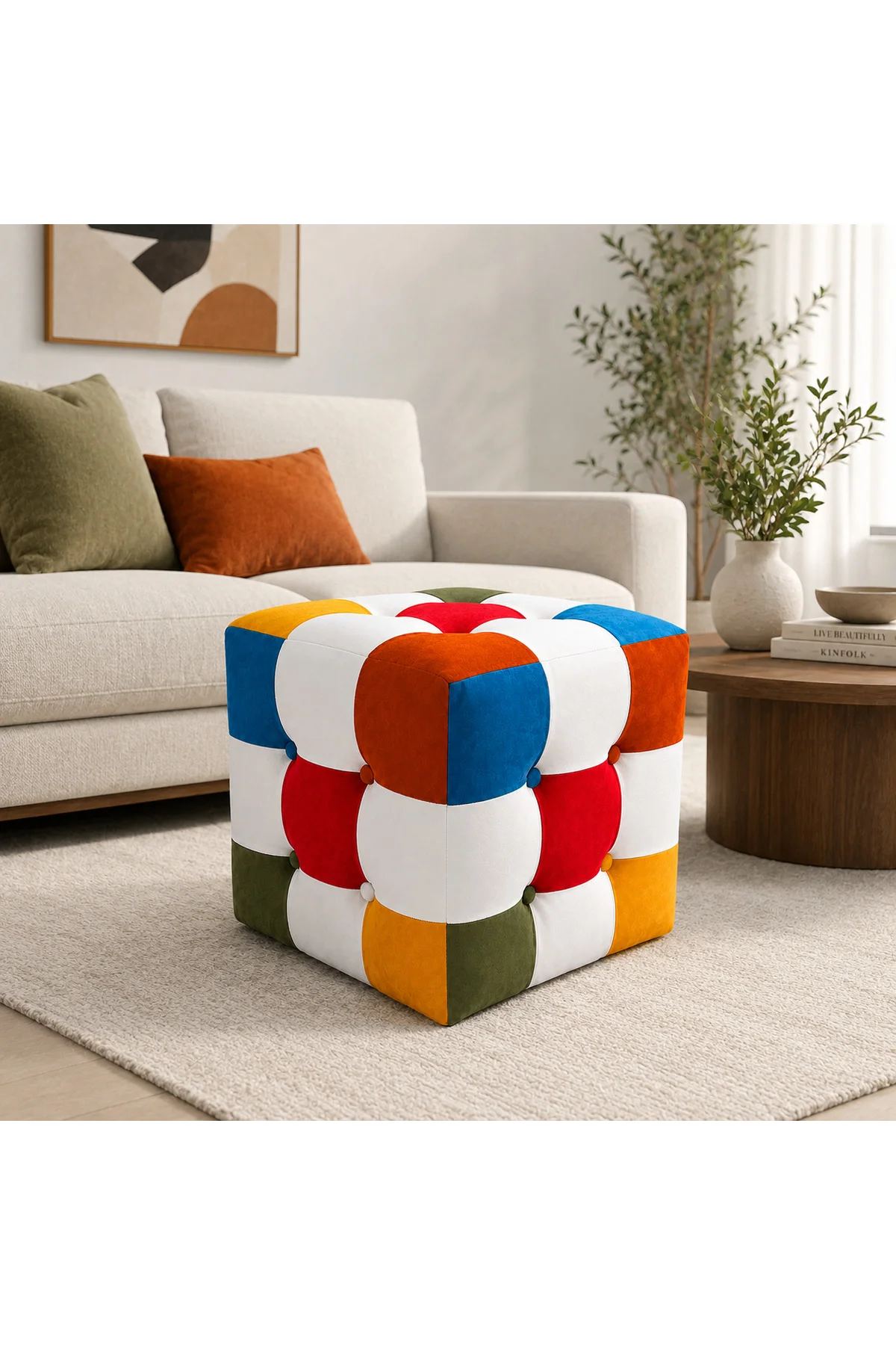Modern Patchwork Renkli Puf - Dekoratif Oturma Taburesi El Yapımı Şık Tasarım Çok Renkli