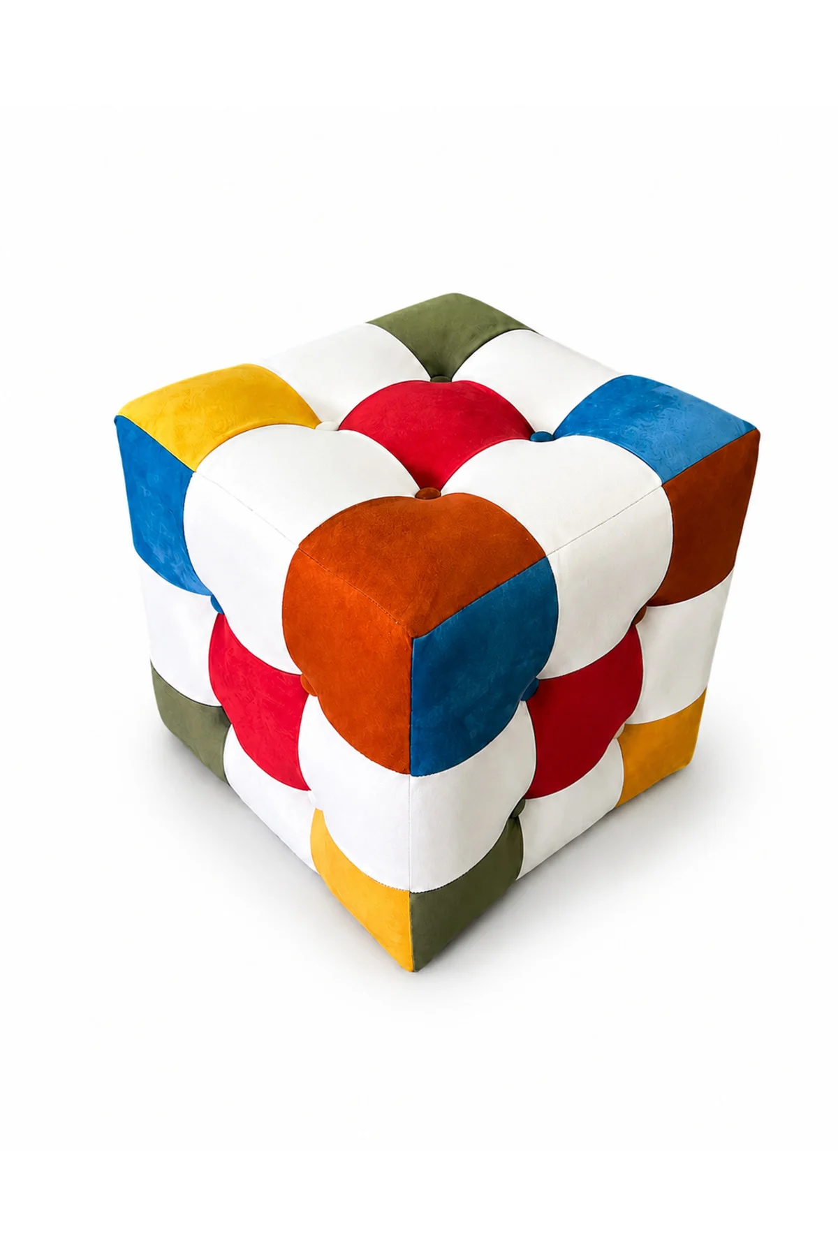 Modern Patchwork Renkli Puf - Dekoratif Oturma Taburesi El Yapımı Şık Tasarım Çok Renkli