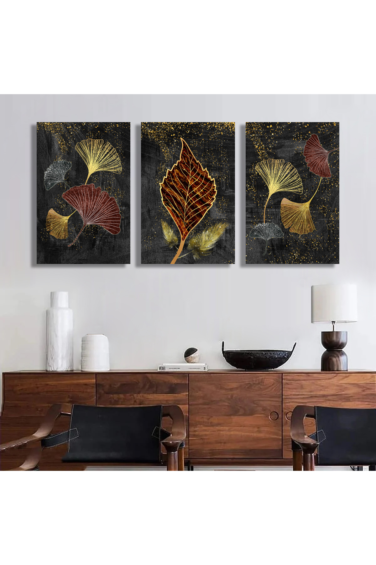 Korkmazkanvas Modern Resim Arka Planında 3D Altın Ağaç Yaprakları. 3'Lü Kanvas