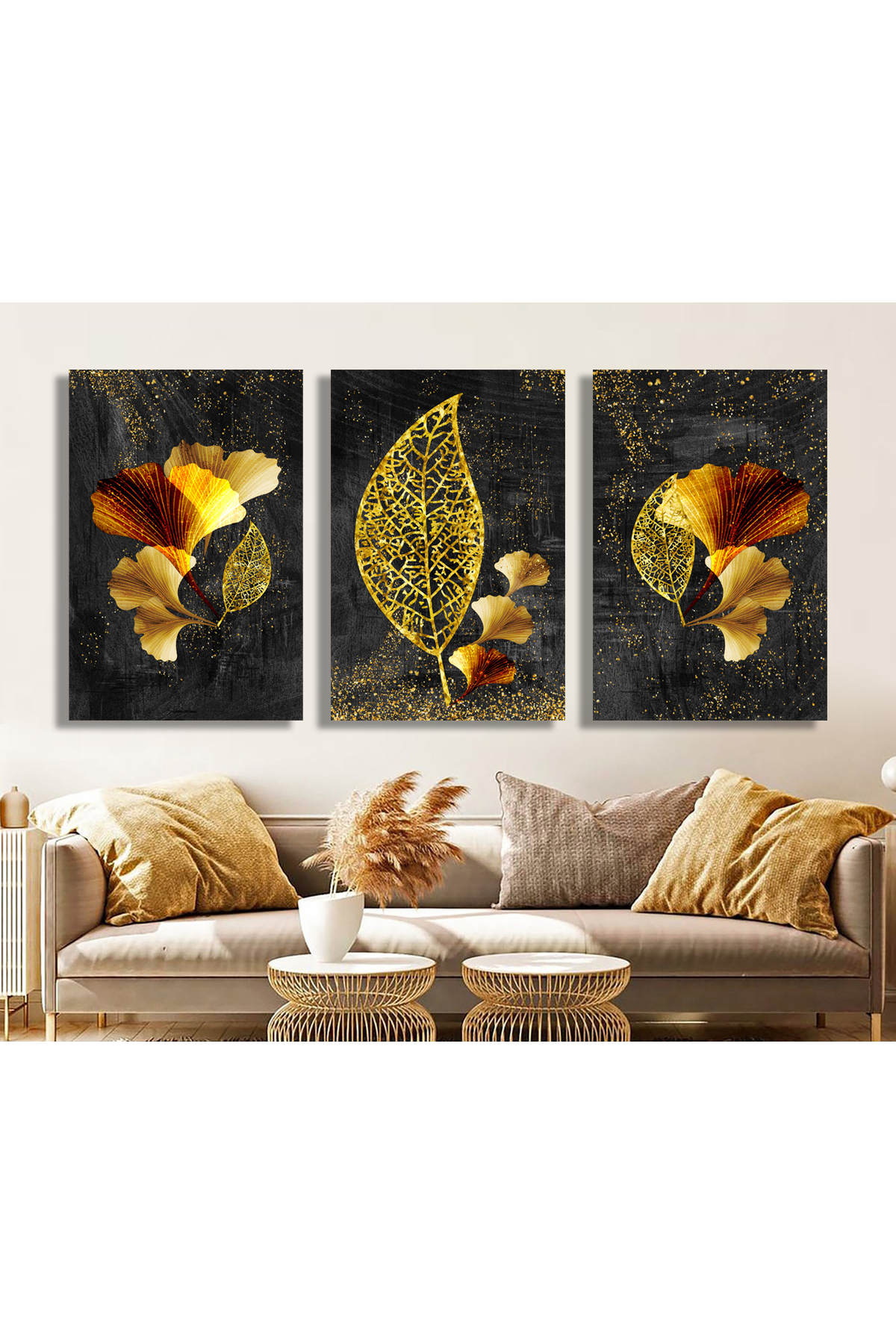 Korkmazkanvas Modern Resim Arka Planında 3D Altın Ağaç Yaprakları.3'Lü Kanvas T