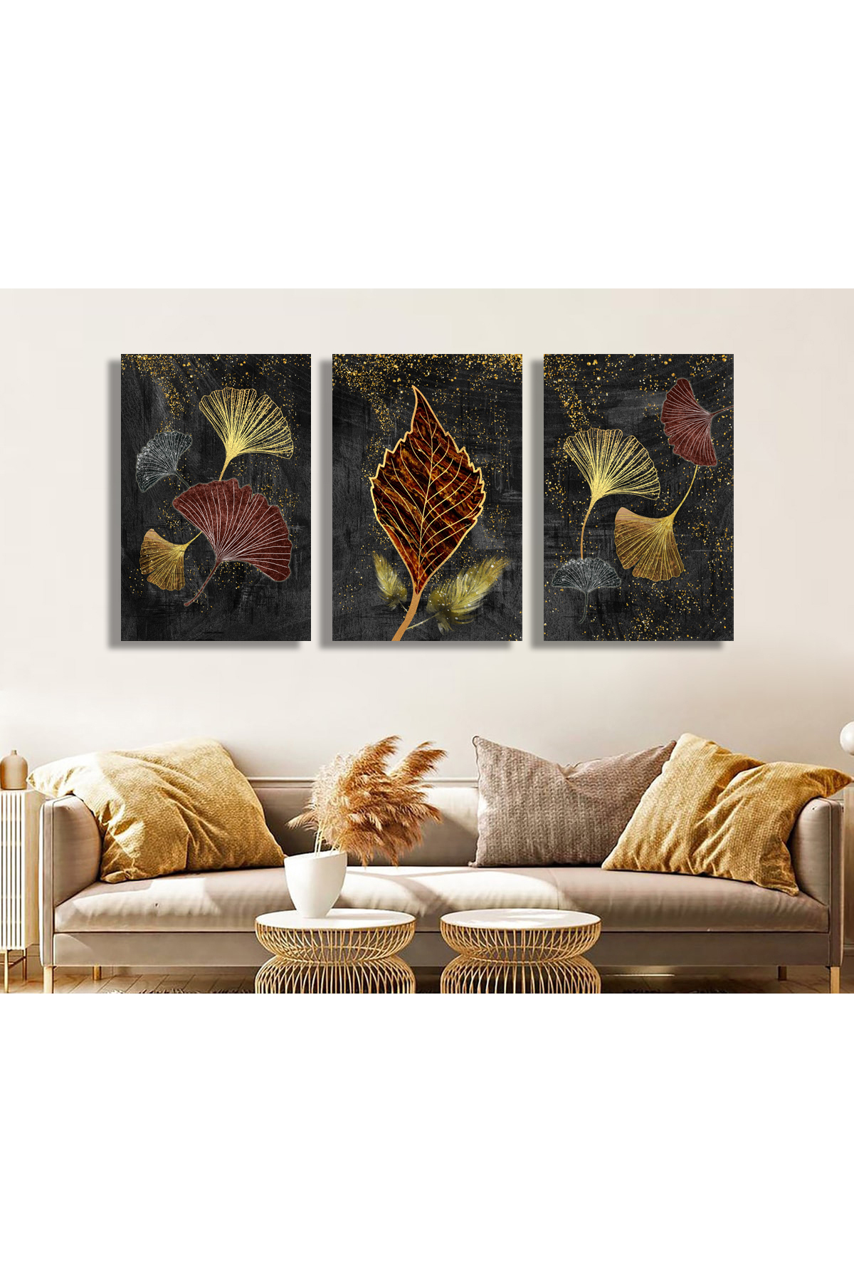 Korkmazkanvas Modern Resim Arka Planında 3D Altın Ağaç Yaprakları. 3'Lü Kanvas