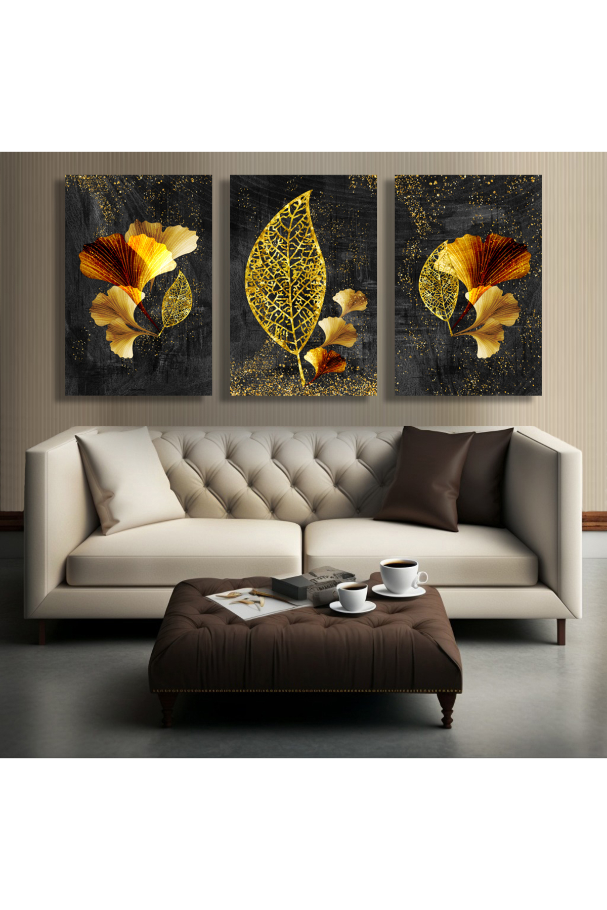 Korkmazkanvas Modern Resim Arka Planında 3D Altın Ağaç Yaprakları.3'Lü Kanvas T