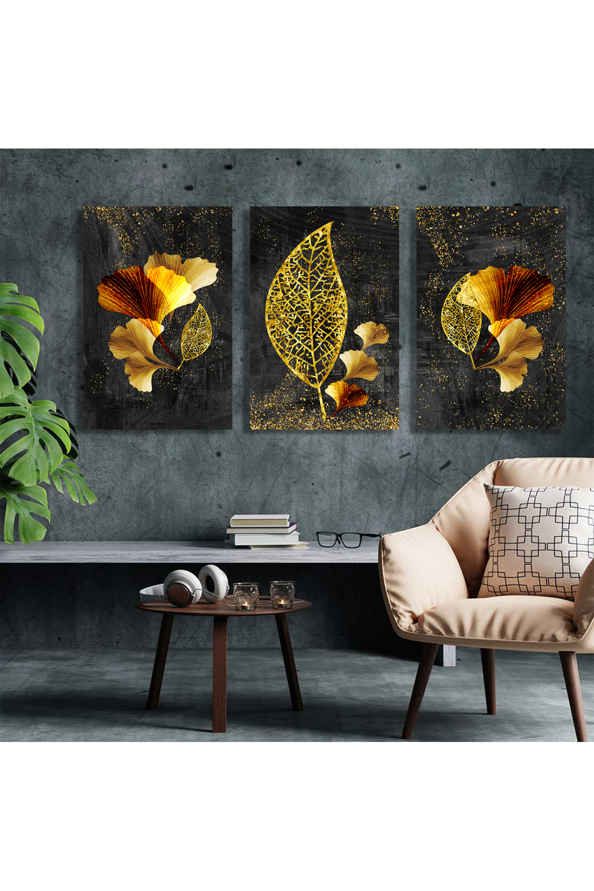 Korkmazkanvas Modern Resim Arka Planında 3D Altın Ağaç Yaprakları.3'Lü Kanvas T