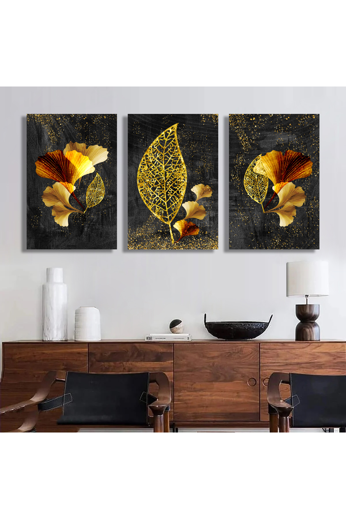 Korkmazkanvas Modern Resim Arka Planında 3D Altın Ağaç Yaprakları.3'Lü Kanvas T