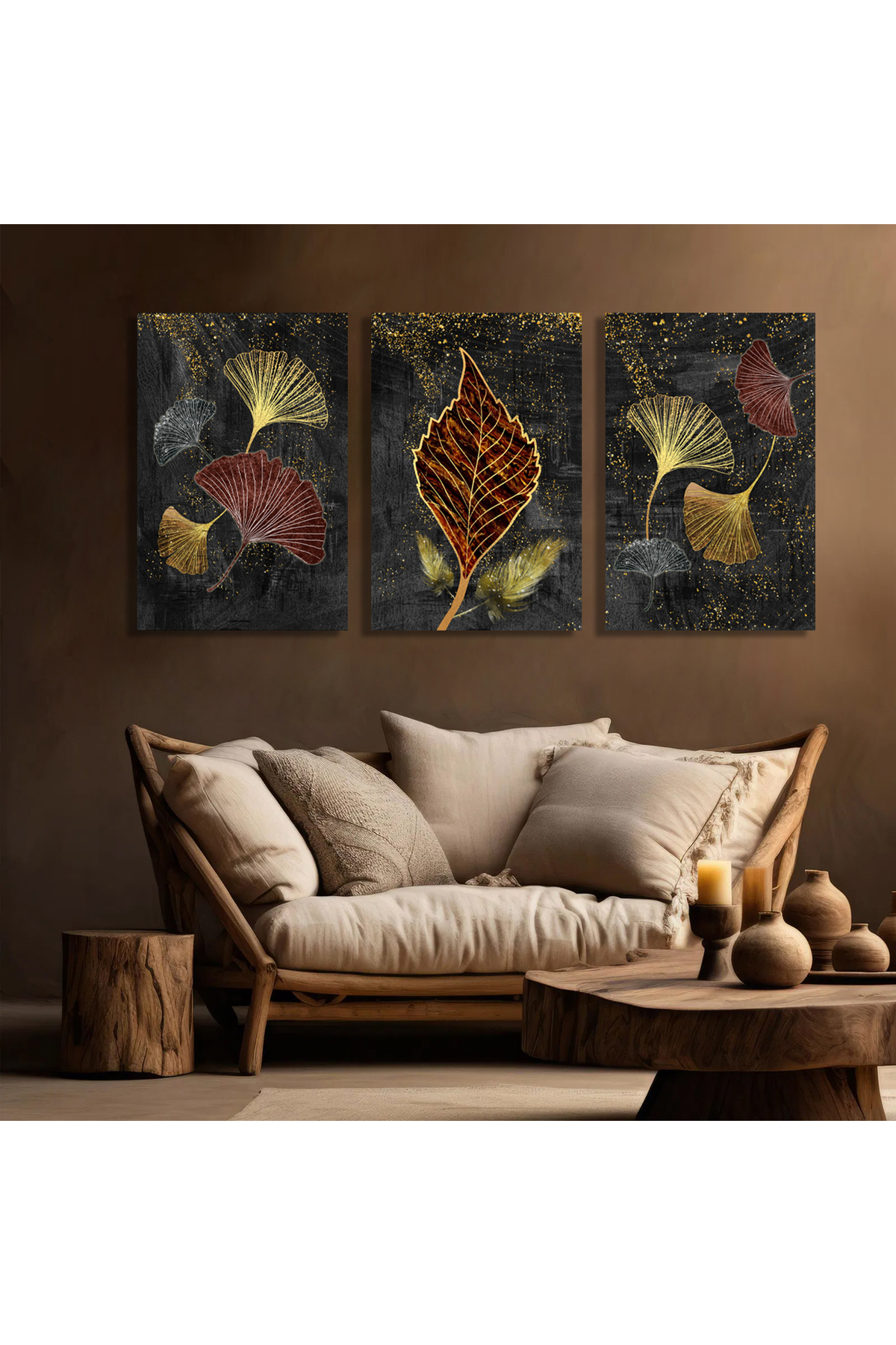 Korkmazkanvas Modern Resim Arka Planında 3D Altın Ağaç Yaprakları. 3'Lü Kanvas