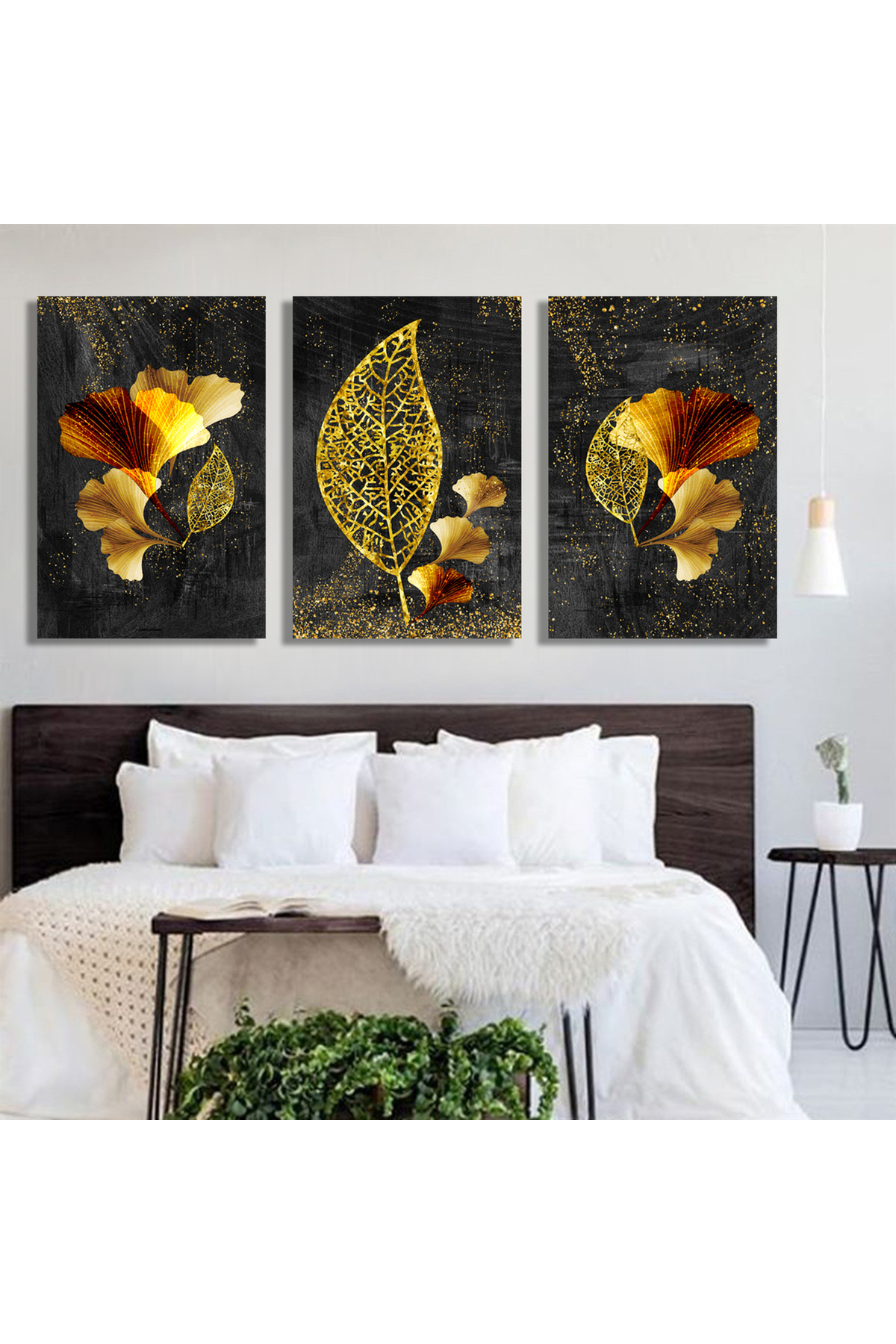 Korkmazkanvas Modern Resim Arka Planında 3D Altın Ağaç Yaprakları.3'Lü Kanvas T