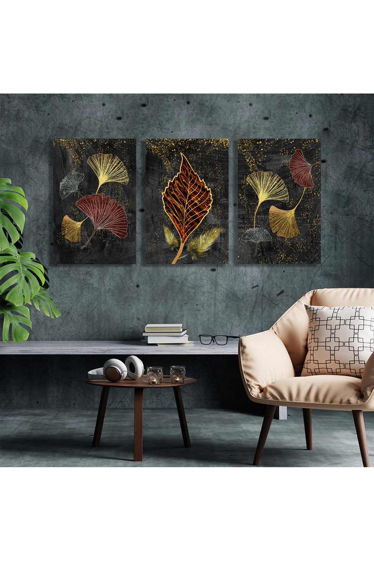Korkmazkanvas Modern Resim Arka Planında 3D Altın Ağaç Yaprakları. 3'Lü Kanvas