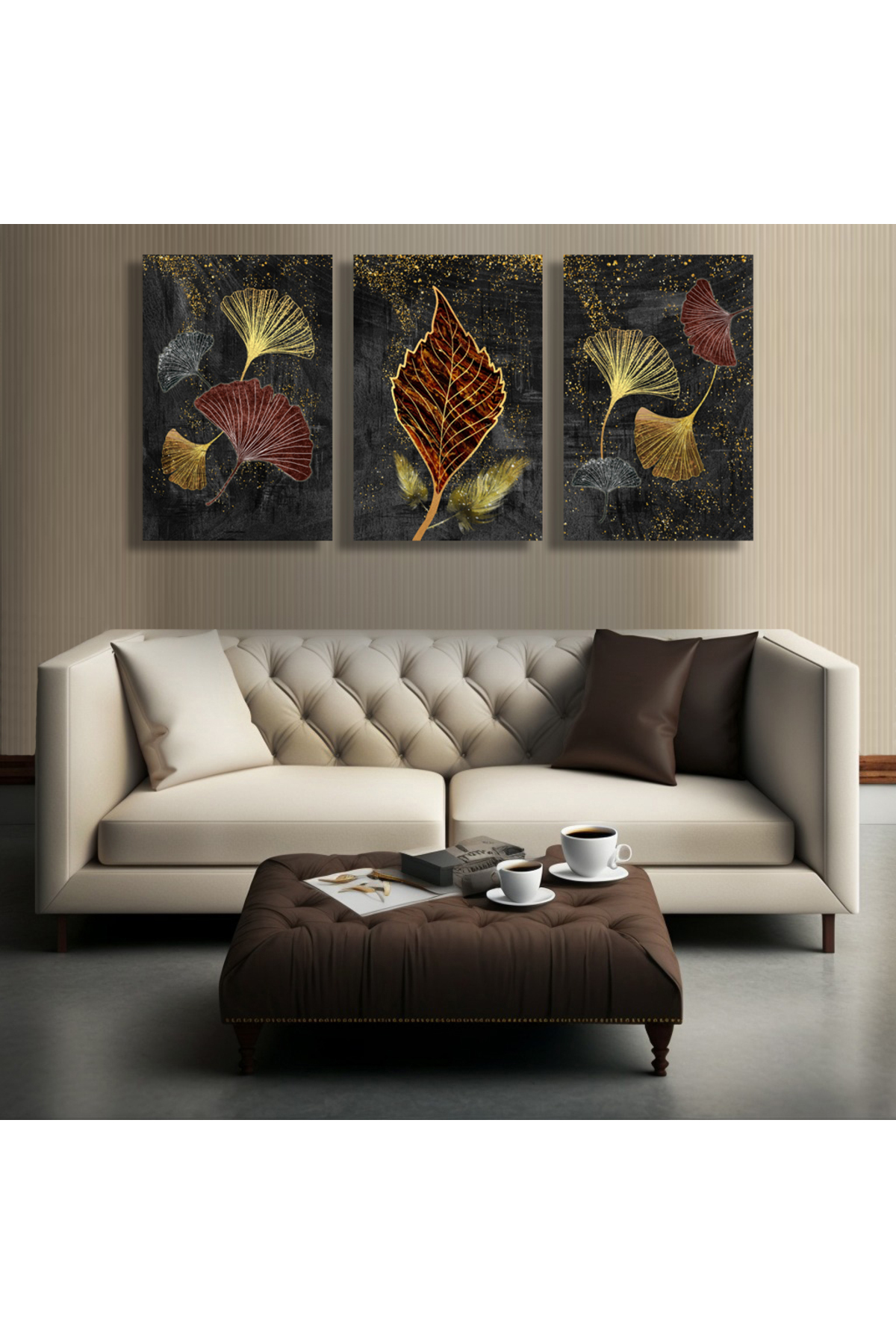 Korkmazkanvas Modern Resim Arka Planında 3D Altın Ağaç Yaprakları. 3'Lü Kanvas