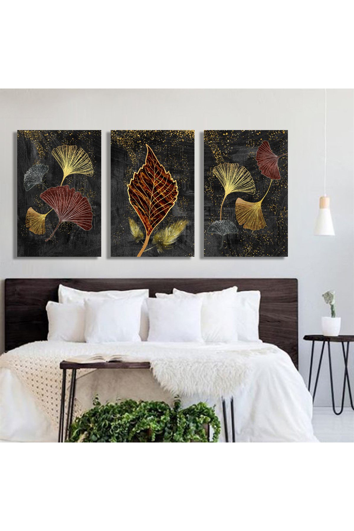 Korkmazkanvas Modern Resim Arka Planında 3D Altın Ağaç Yaprakları. 3'Lü Kanvas