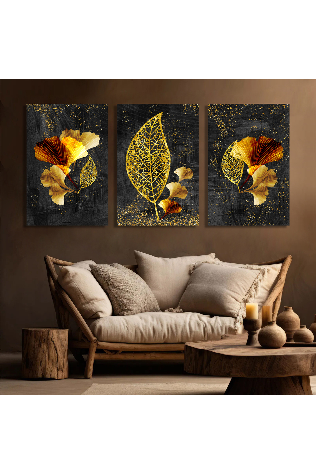 Korkmazkanvas Modern Resim Arka Planında 3D Altın Ağaç Yaprakları.3'Lü Kanvas T