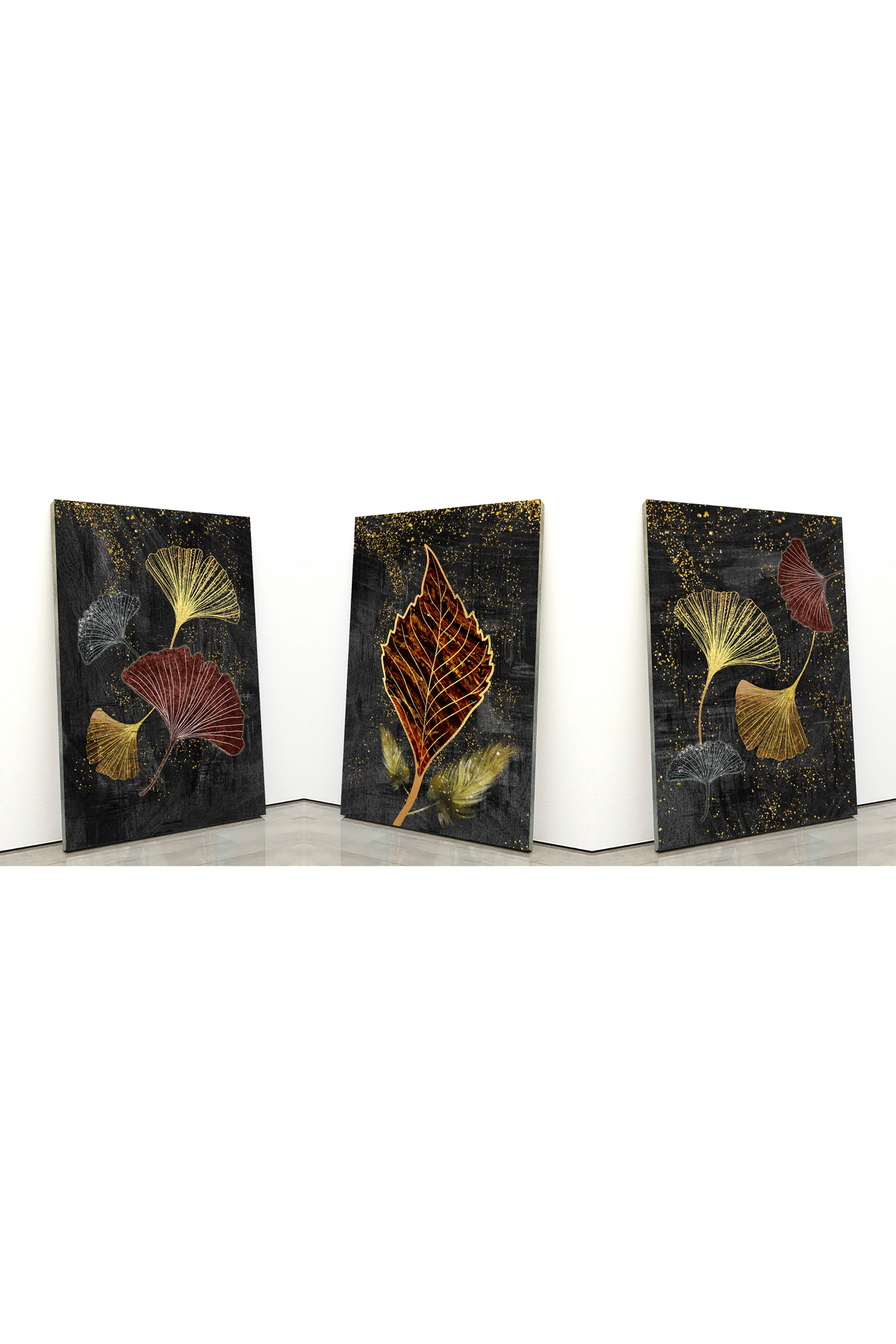 Korkmazkanvas Modern Resim Arka Planında 3D Altın Ağaç Yaprakları. 3'Lü Kanvas