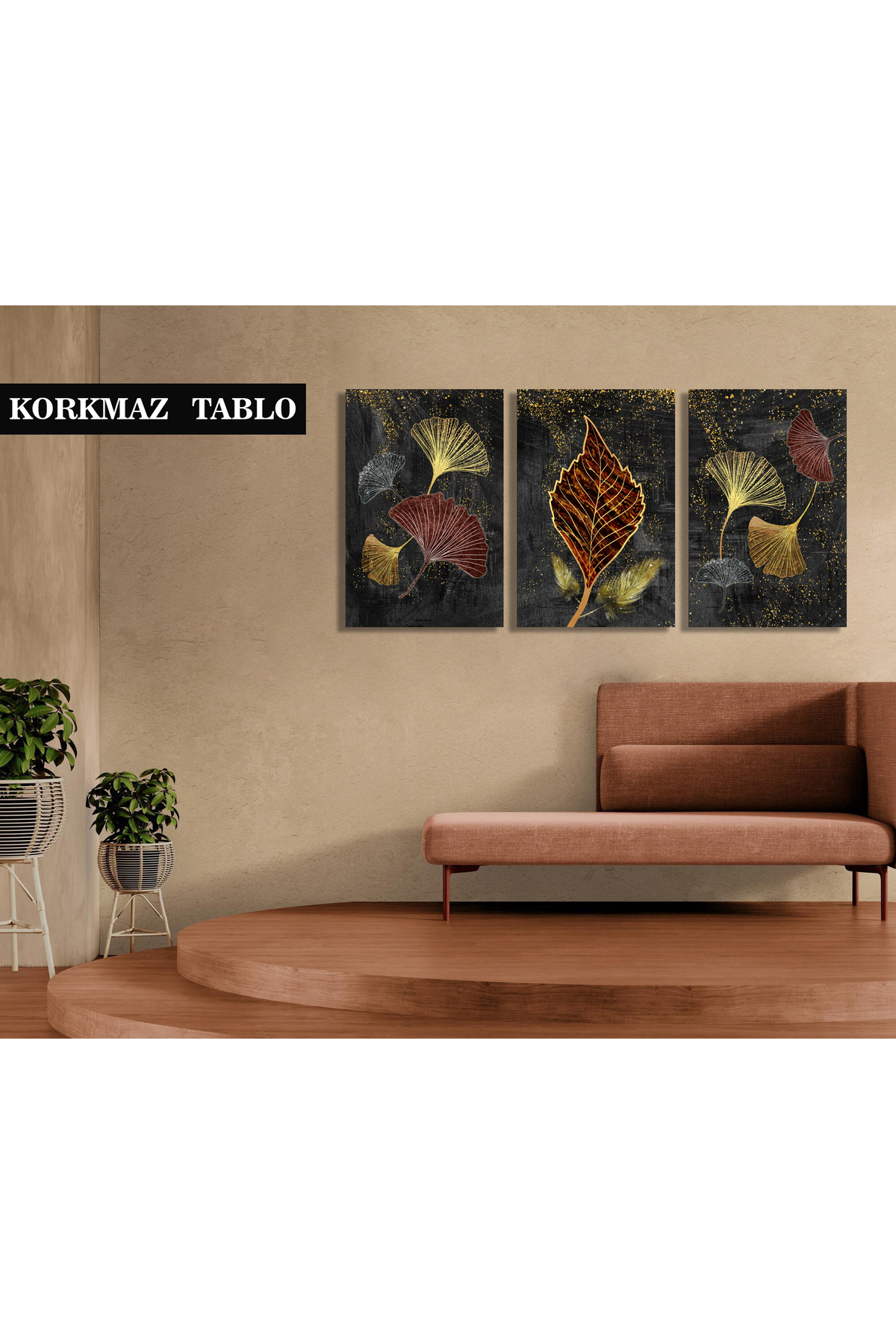 Korkmazkanvas Modern Resim Arka Planında 3D Altın Ağaç Yaprakları. 3'Lü Kanvas